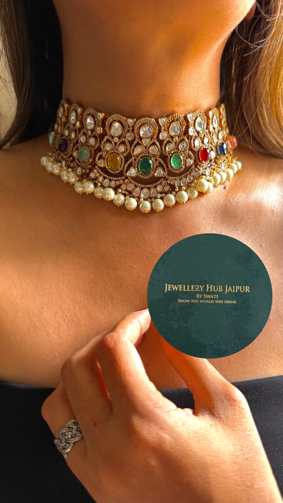 Navratna moissanite with pearl drop choker