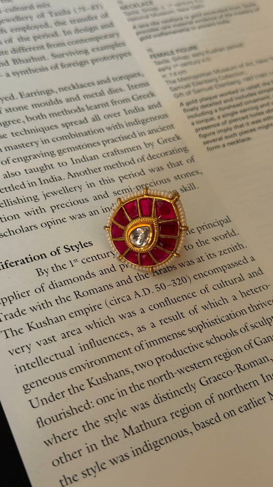 Rani pink tera drop shape paachi kundan heritage ring