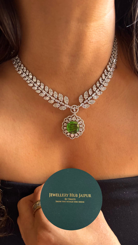 Emerald designer cz leafy crystal necklace