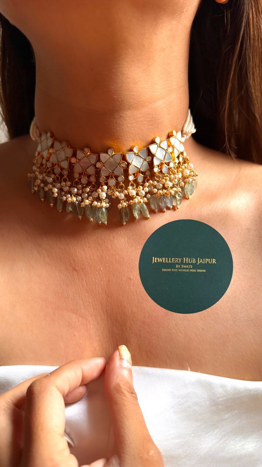 Mother of pearls floral with mint drops rajwada choker set