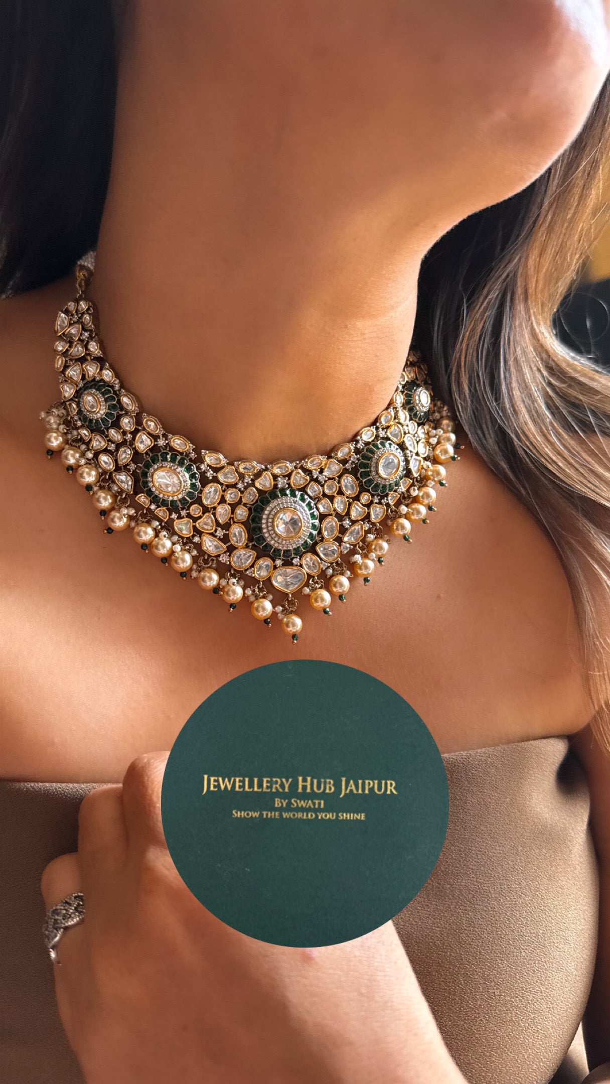 Emerald uncut polki with drops designer Necklace