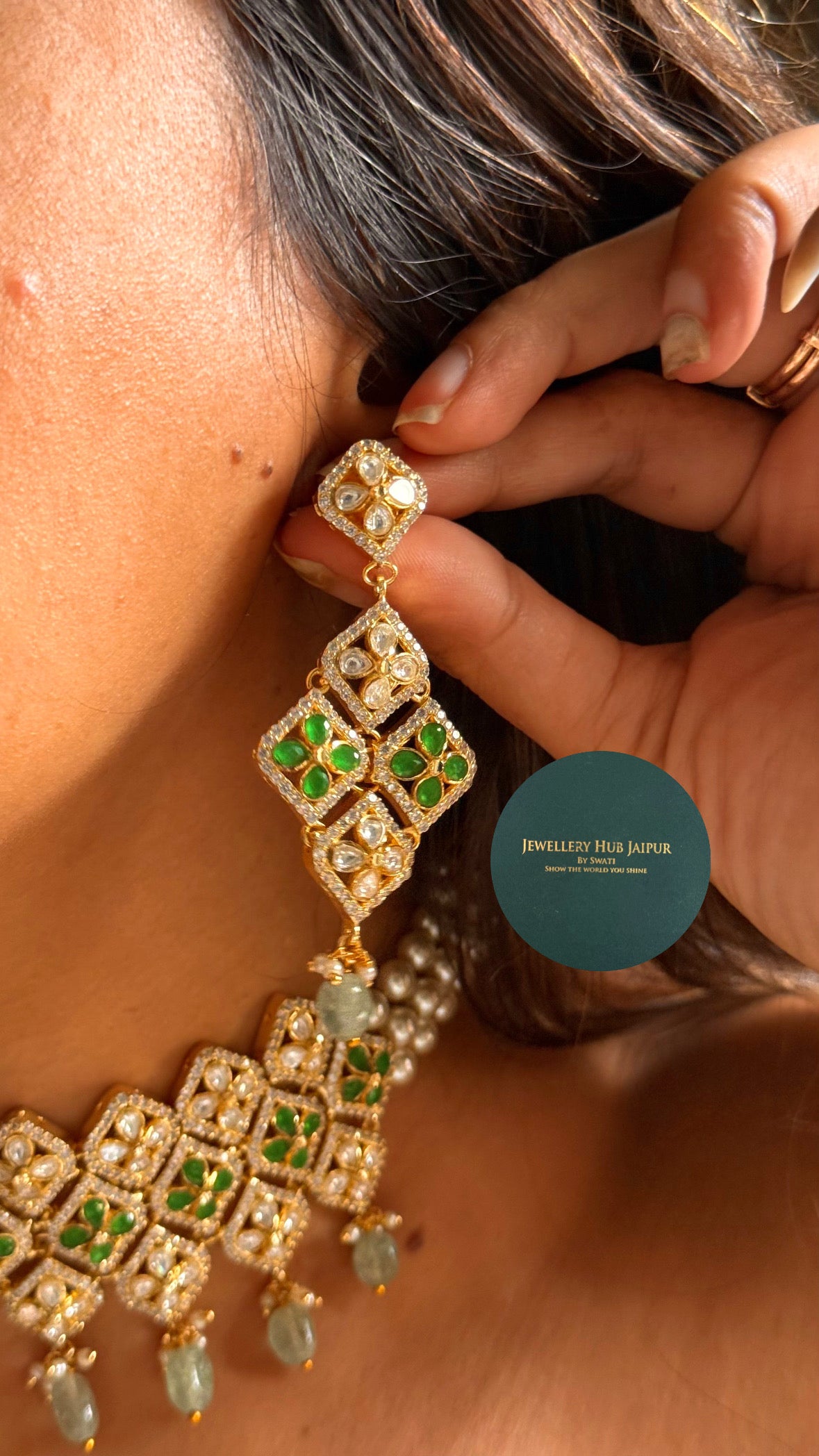 Rani pink & emerald floral polki with mint drop choker set