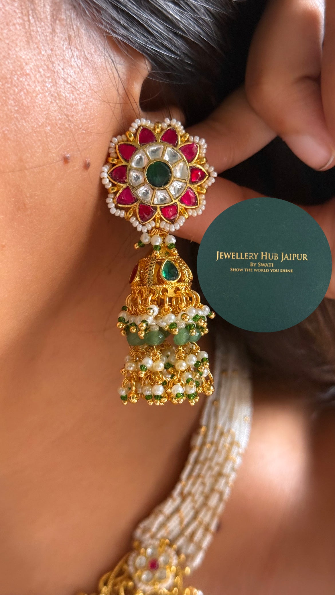 Handmade Heritage Polki Emerald & rani pink floral heritage rajwada collar set