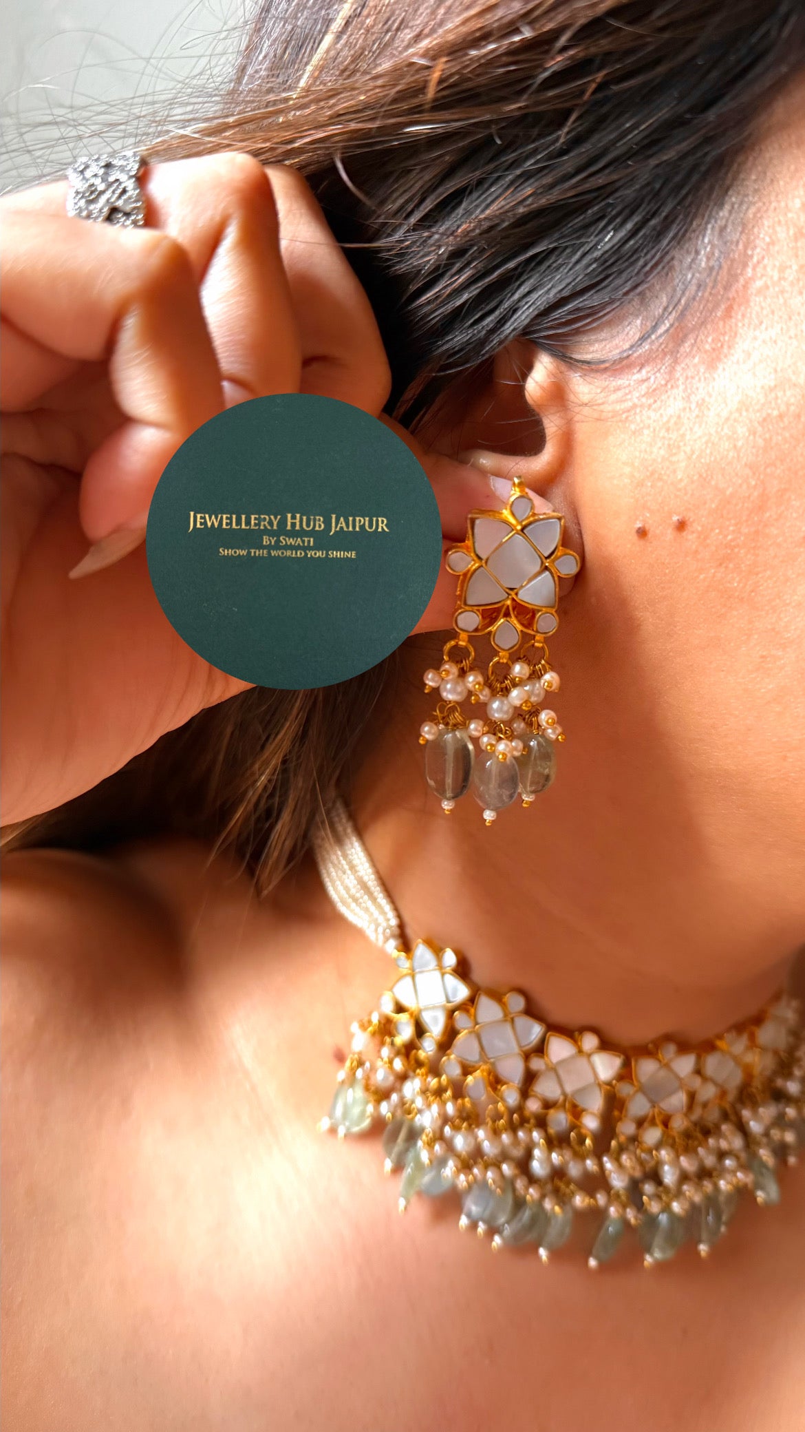 Mother of pearls floral with mint drops rajwada choker set