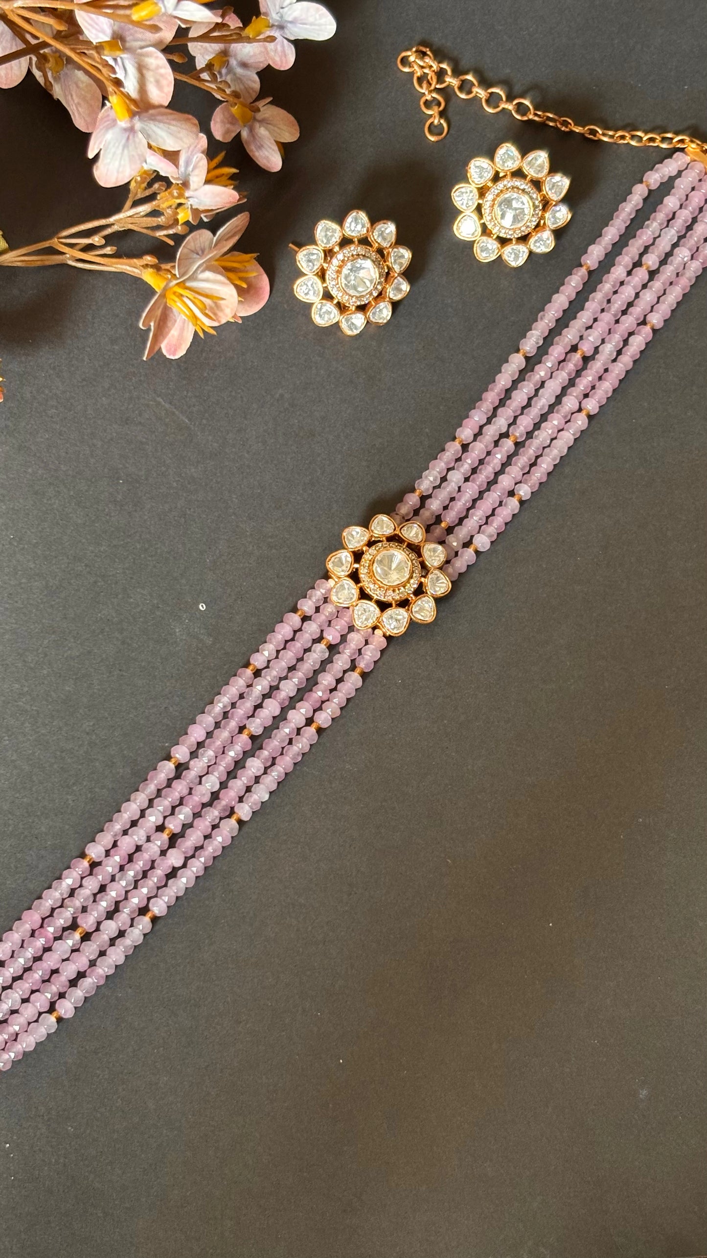 Real Moissanite floral polki Lilac pearl detailing choker necklace