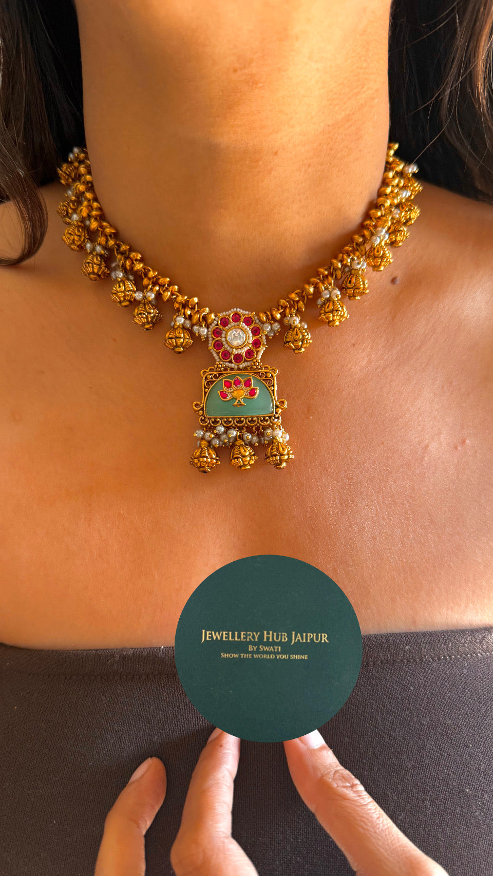 Mint rani work inlay rose drop necklace