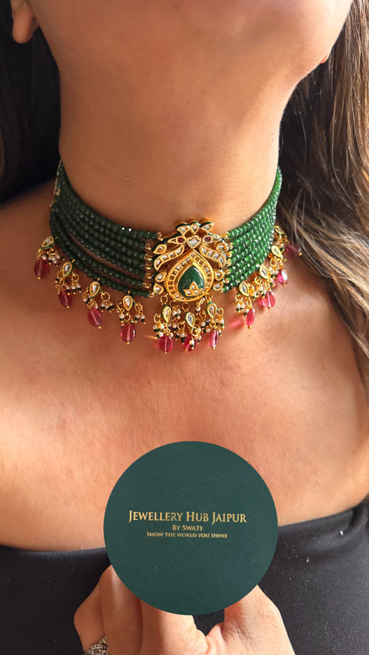 Emerald inlay Meenakari with rose quartz drop choker Necklace