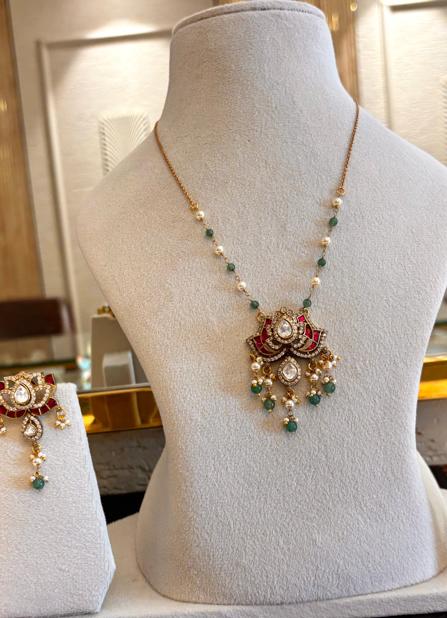 Lotus inspired rani pink & mint pearl pendant necklace