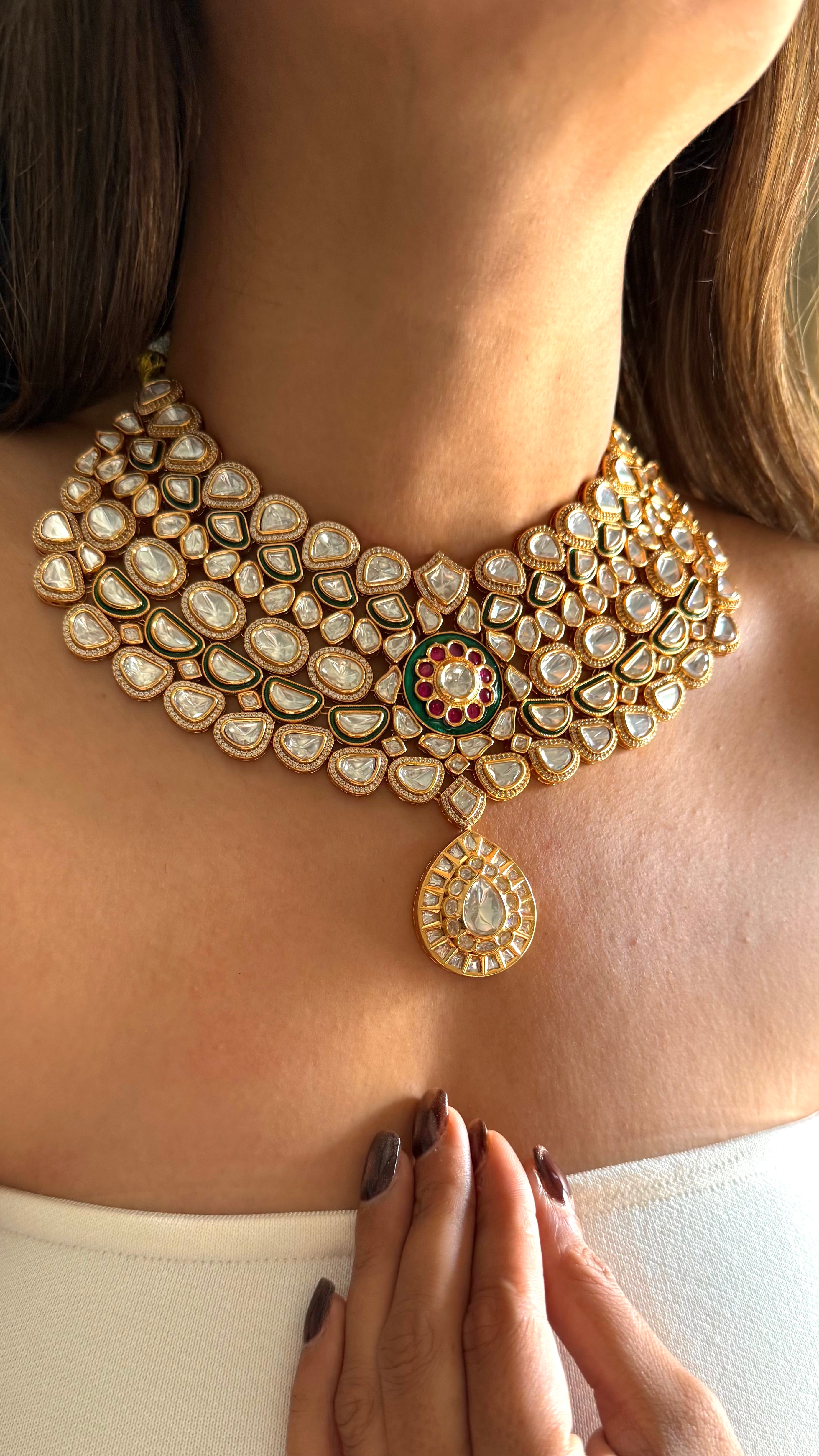 Emerald meenakari & ruby Moissanite uncut polki collar set