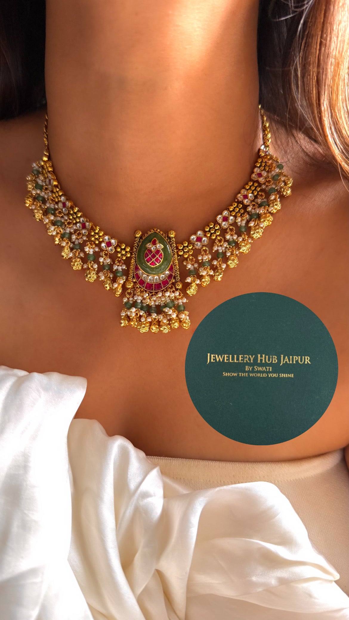 Handmade Heritage Polki Mint inlay Kalash design rajwada collar set