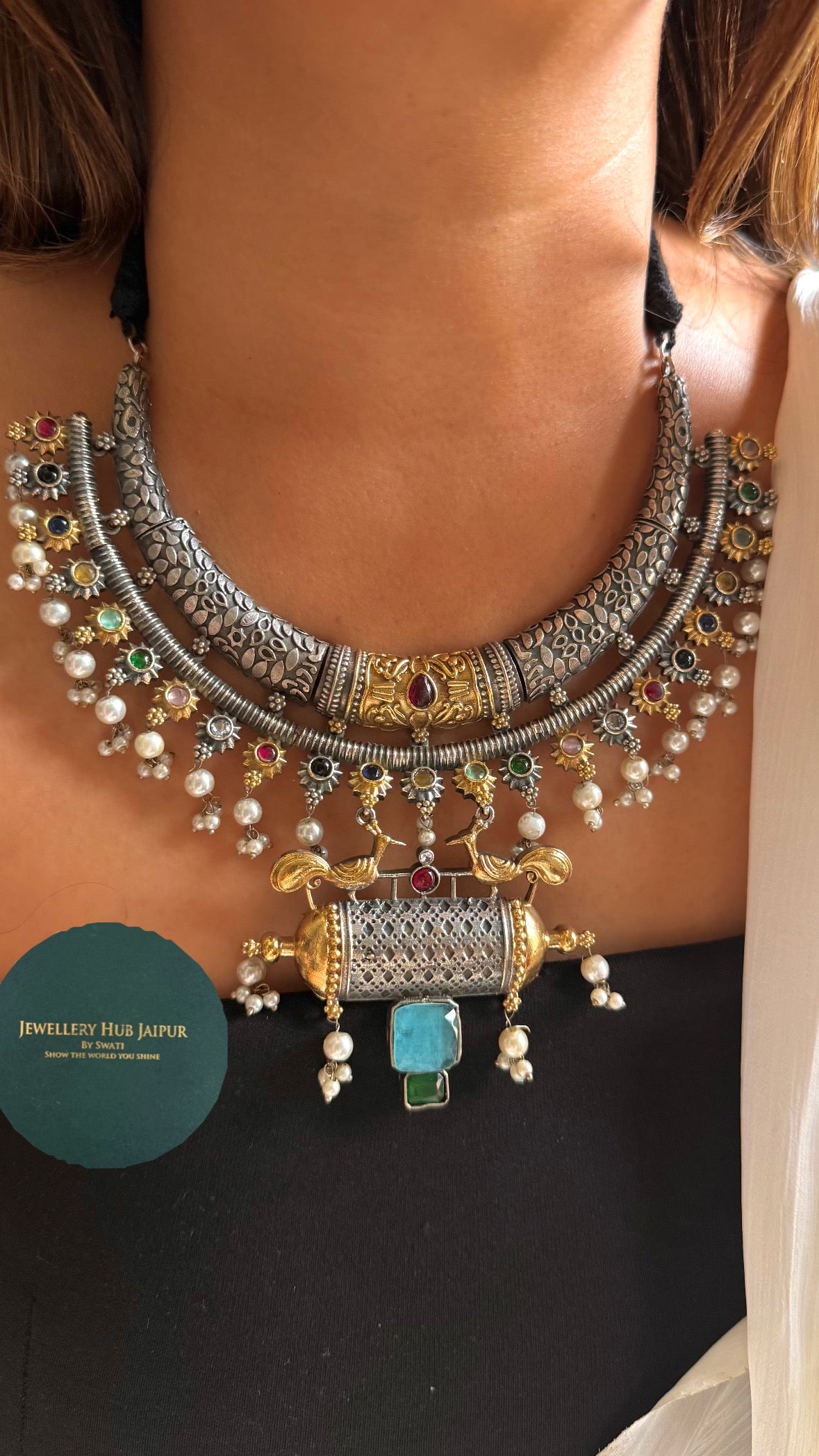 Savar triabal Pearl navratna Necklace