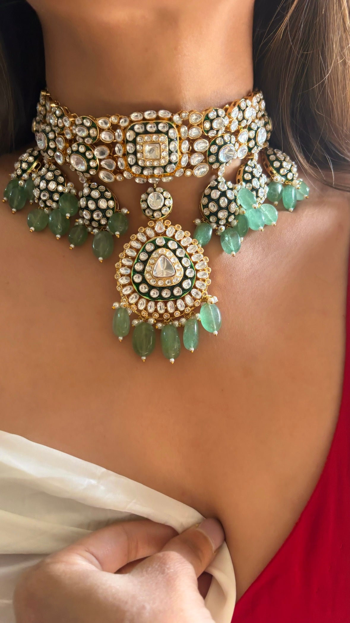 Meenakari emerald and mint polki choker necklace set