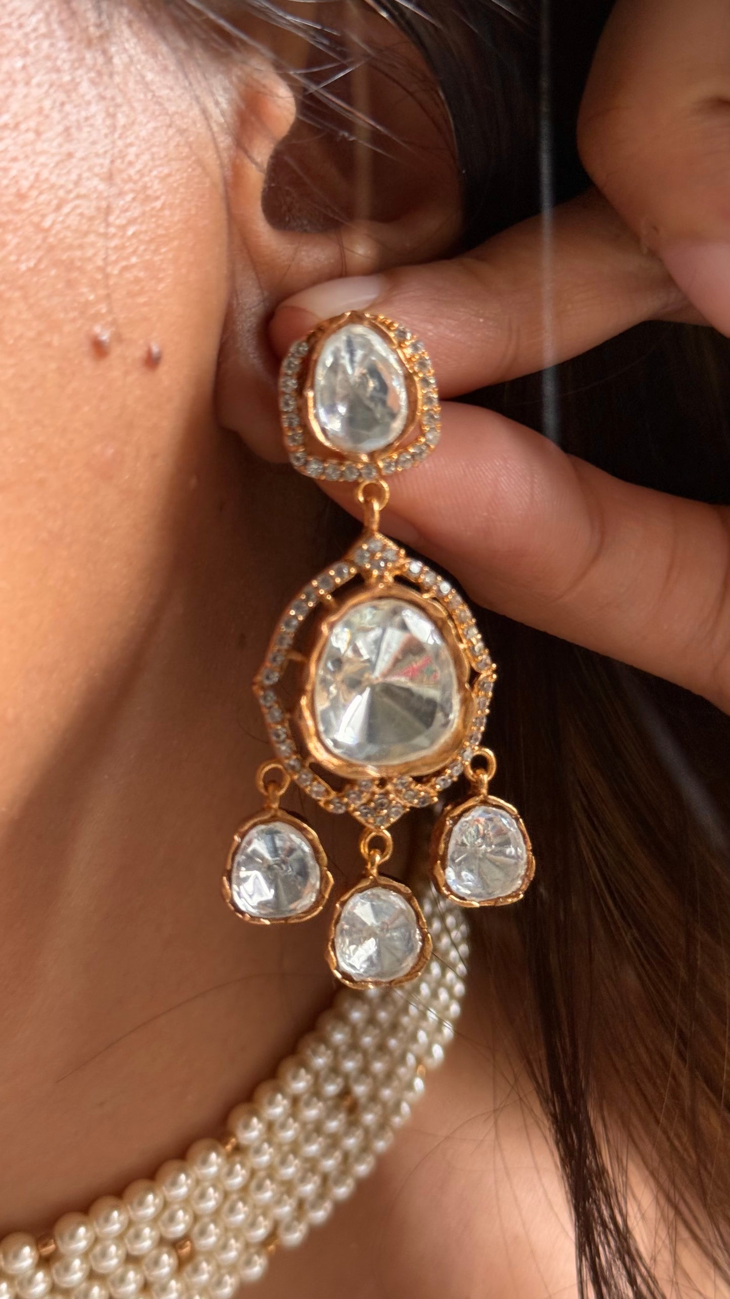 Triple layer real Moissanite uncut polki Necklace