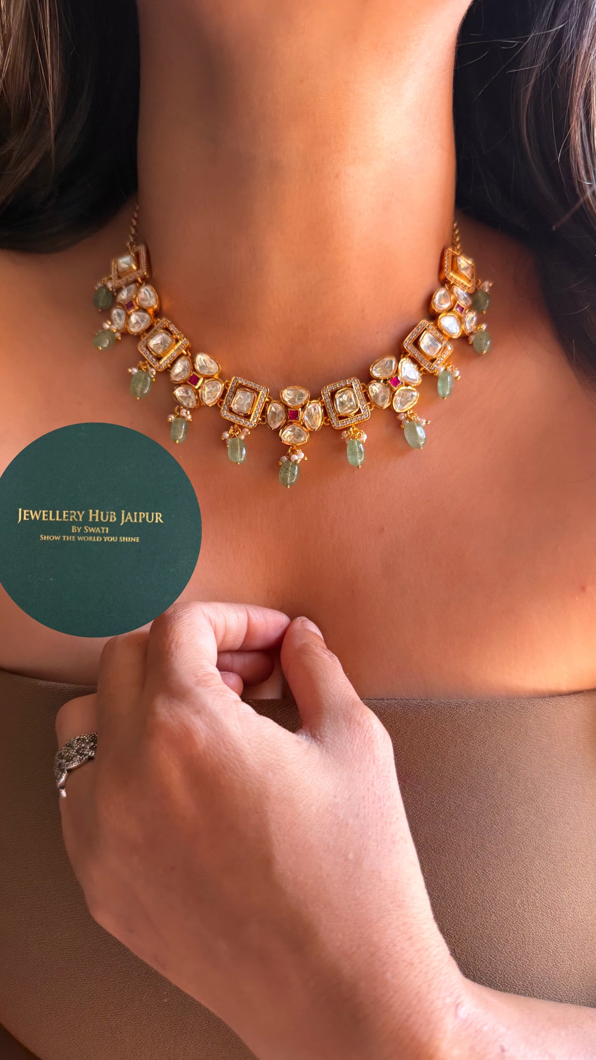 Real moissanite rani pink & emerald floral with mint drop collar set