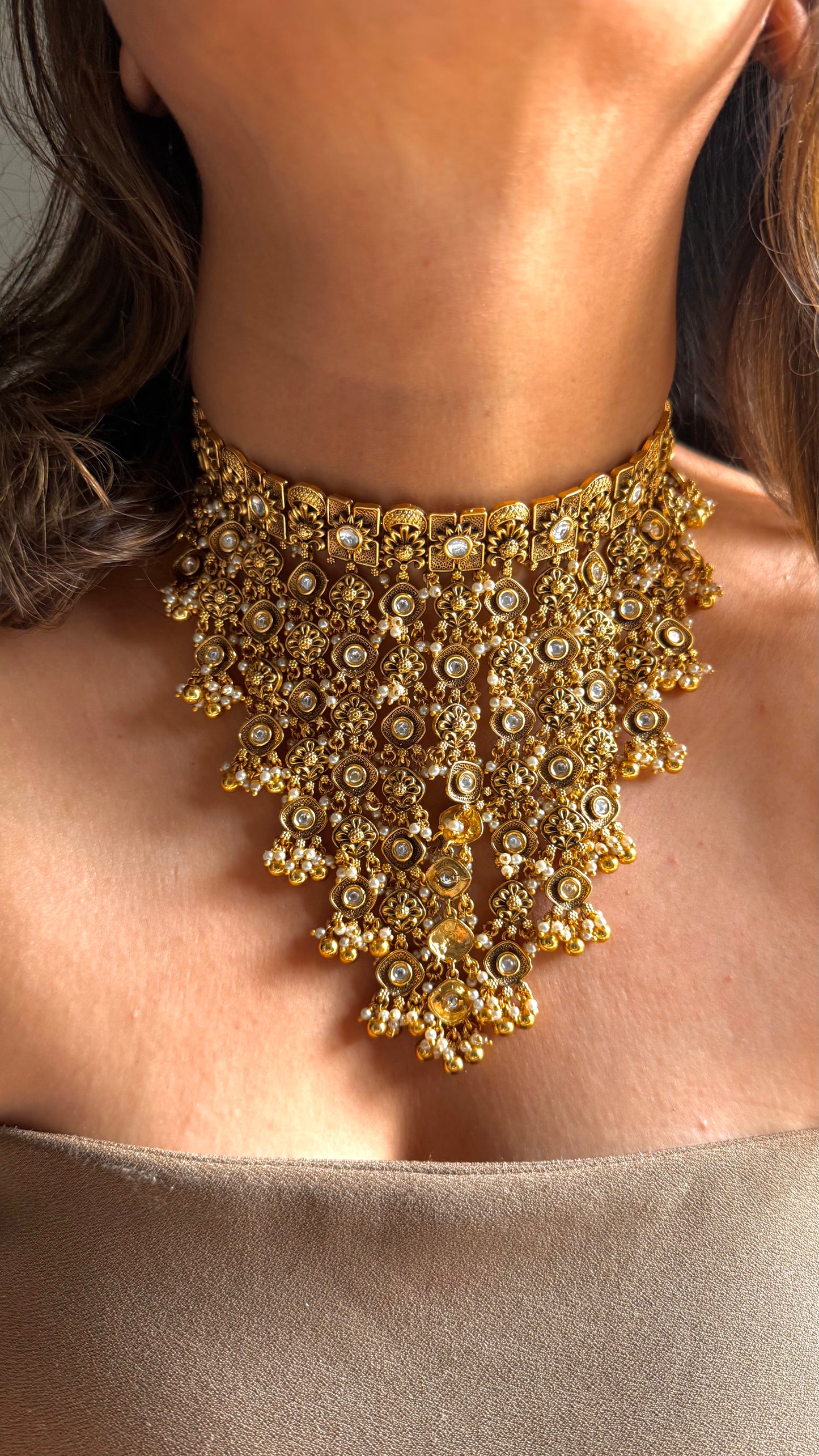 Nakshi oxidised waterfall polki necklace set