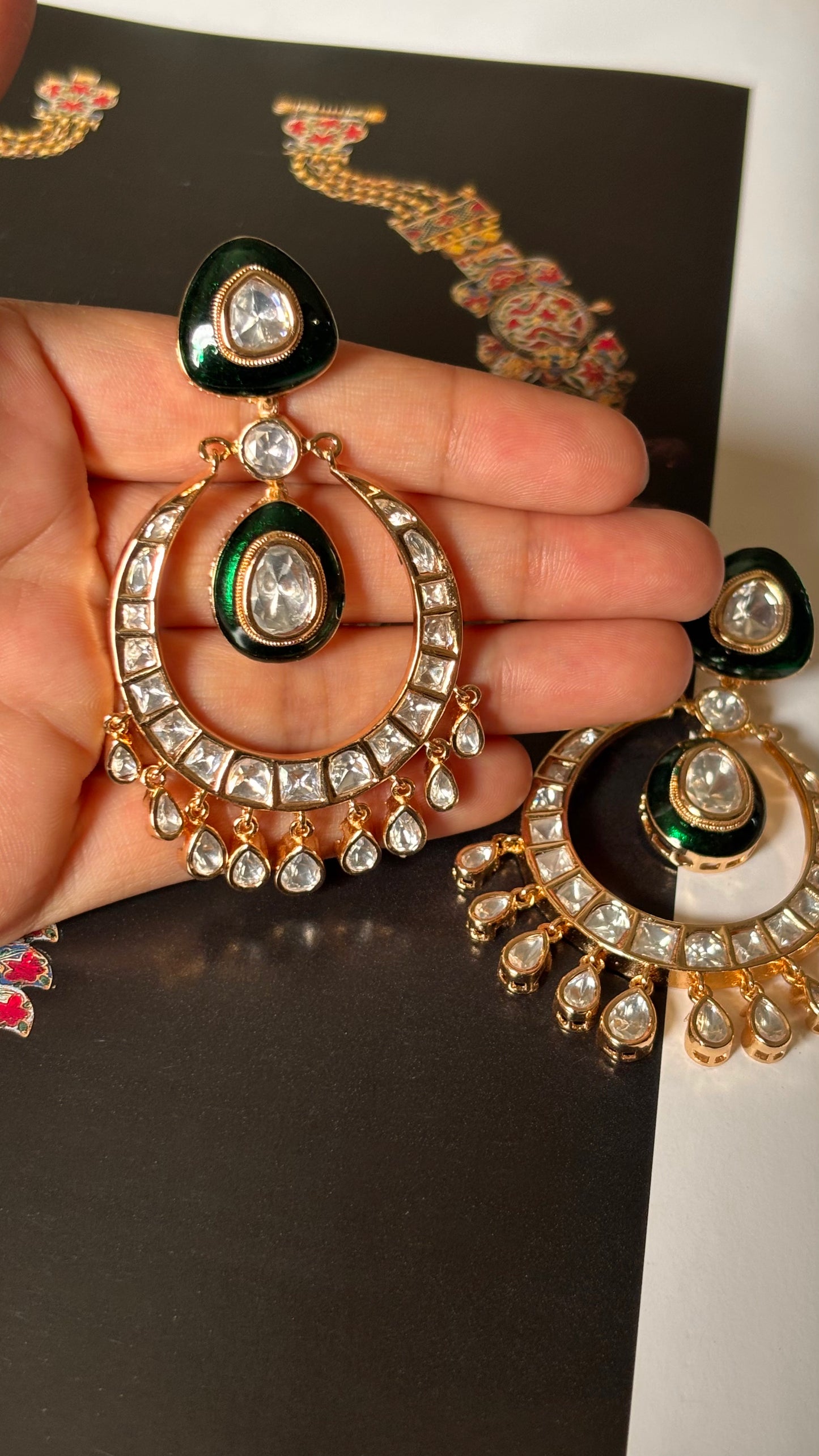 Emerald meenakari with uncut polki Chandbali earrings
