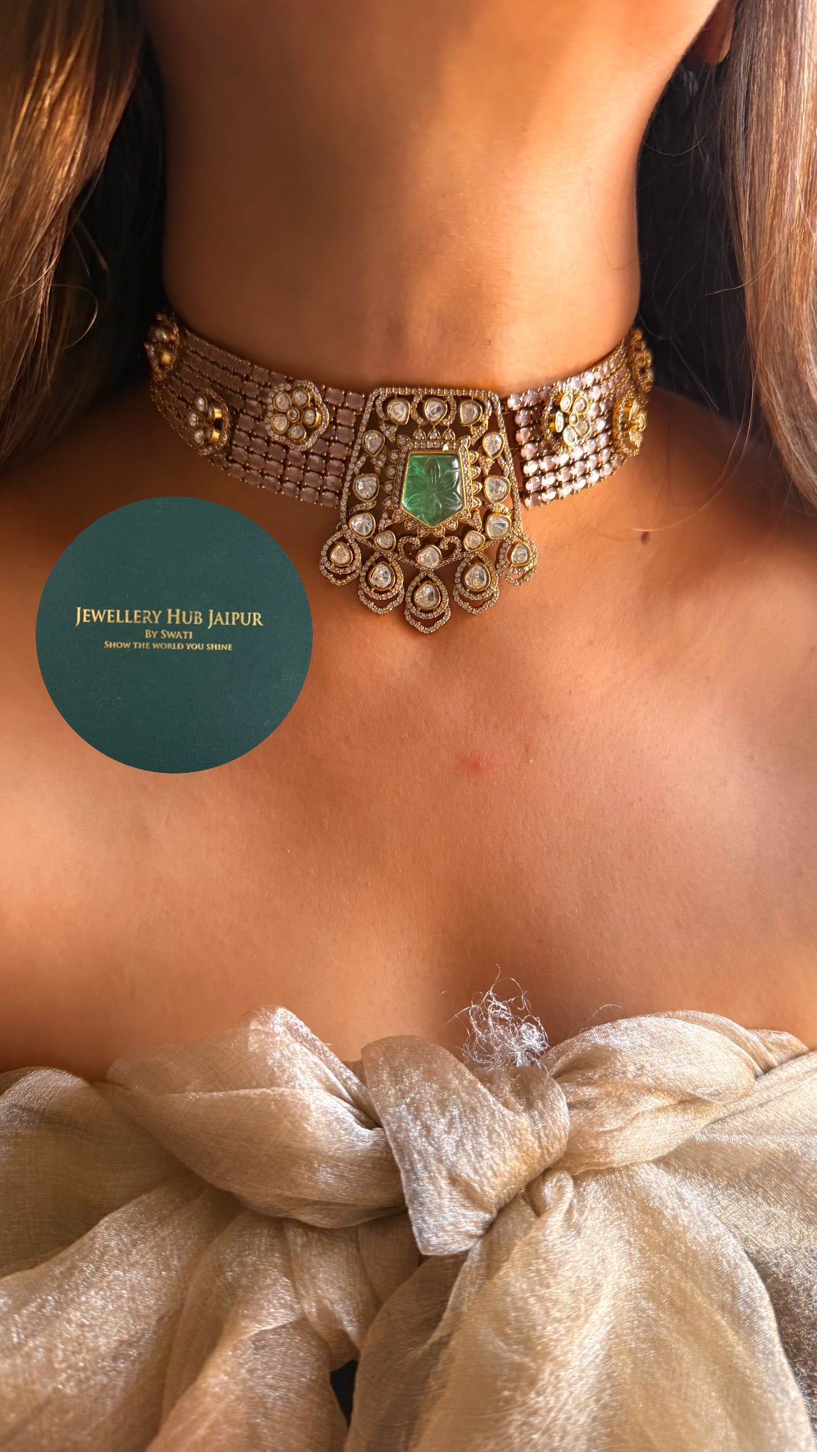 Mint doublet & rose quartz moissanite uncut polki choker set