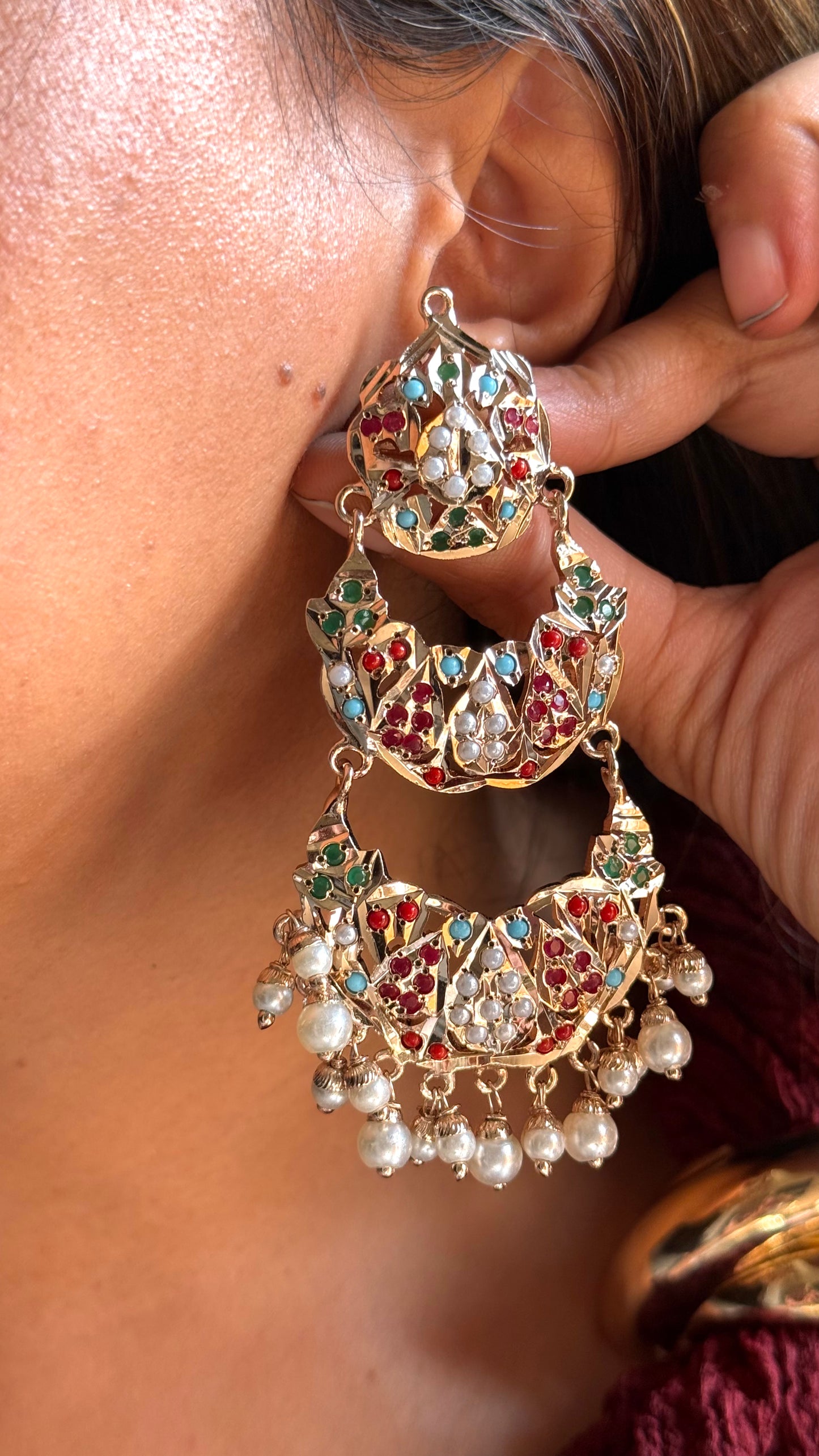 Navratna inspired jadau triple layer chandbali