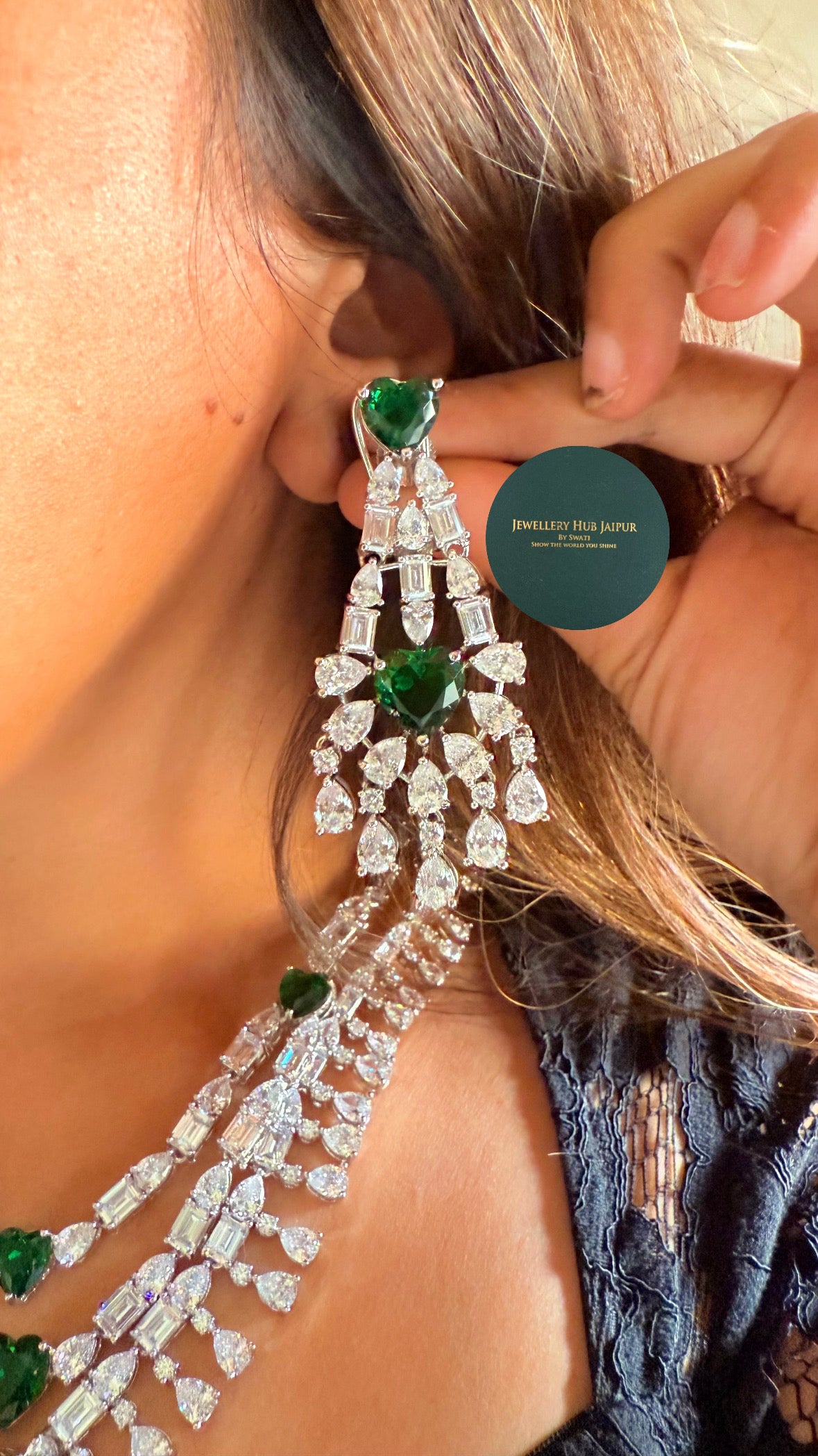 Soni Emerald heart diamond triple layer necklace