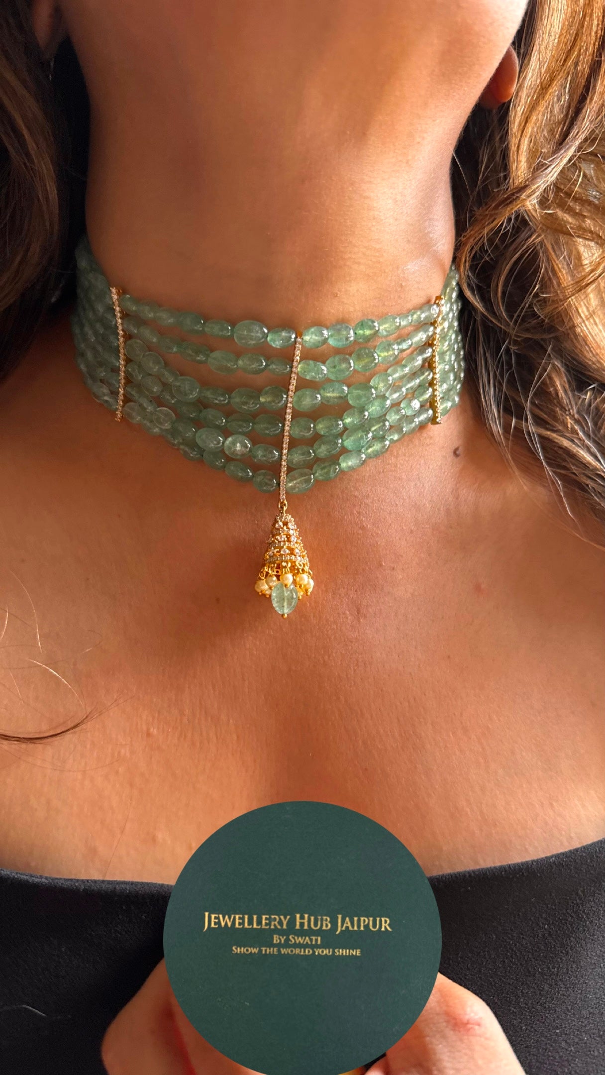 Designer jumki pendant with mint pearl detailing choker