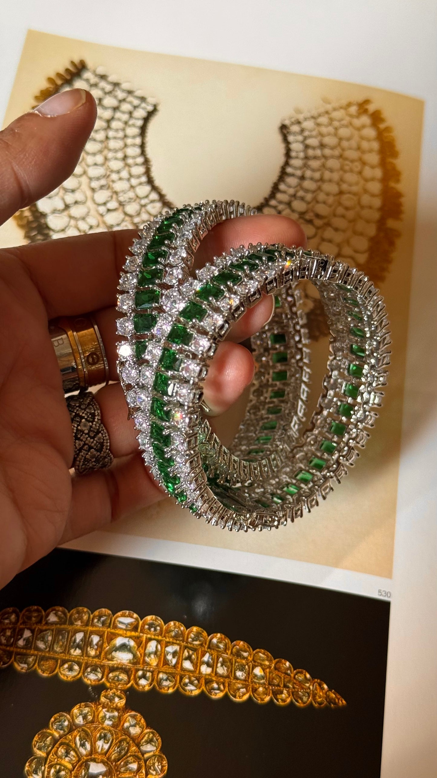 Emerald diamond triple line bangles