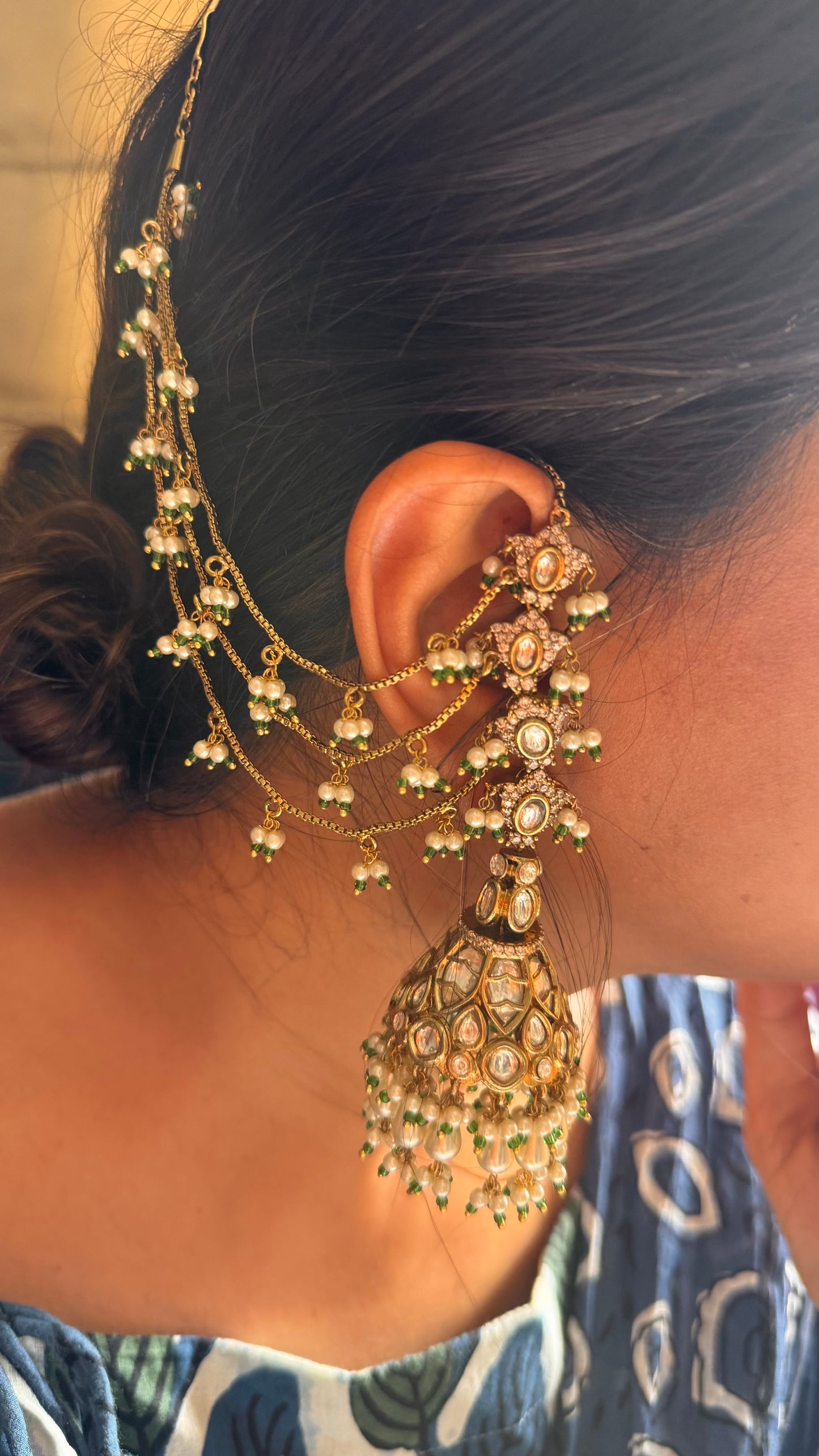 Polki Jhumki pearl detailing with attach kaan chain earrings