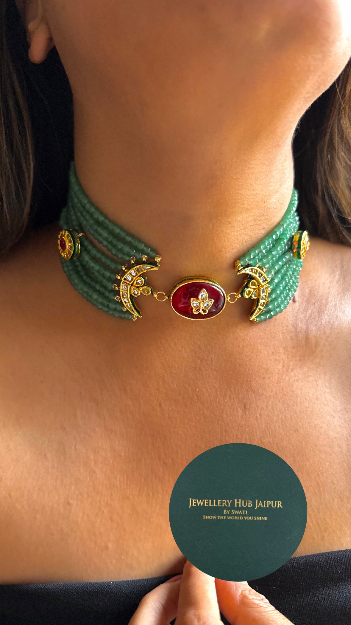 Ruby inlay half moon shape emerald meenakari thread choker Necklace set