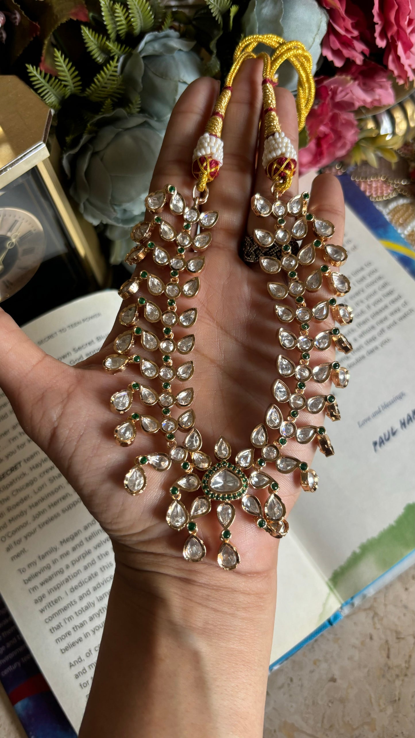 Moissanite Polki emerald collar necklace with earrings