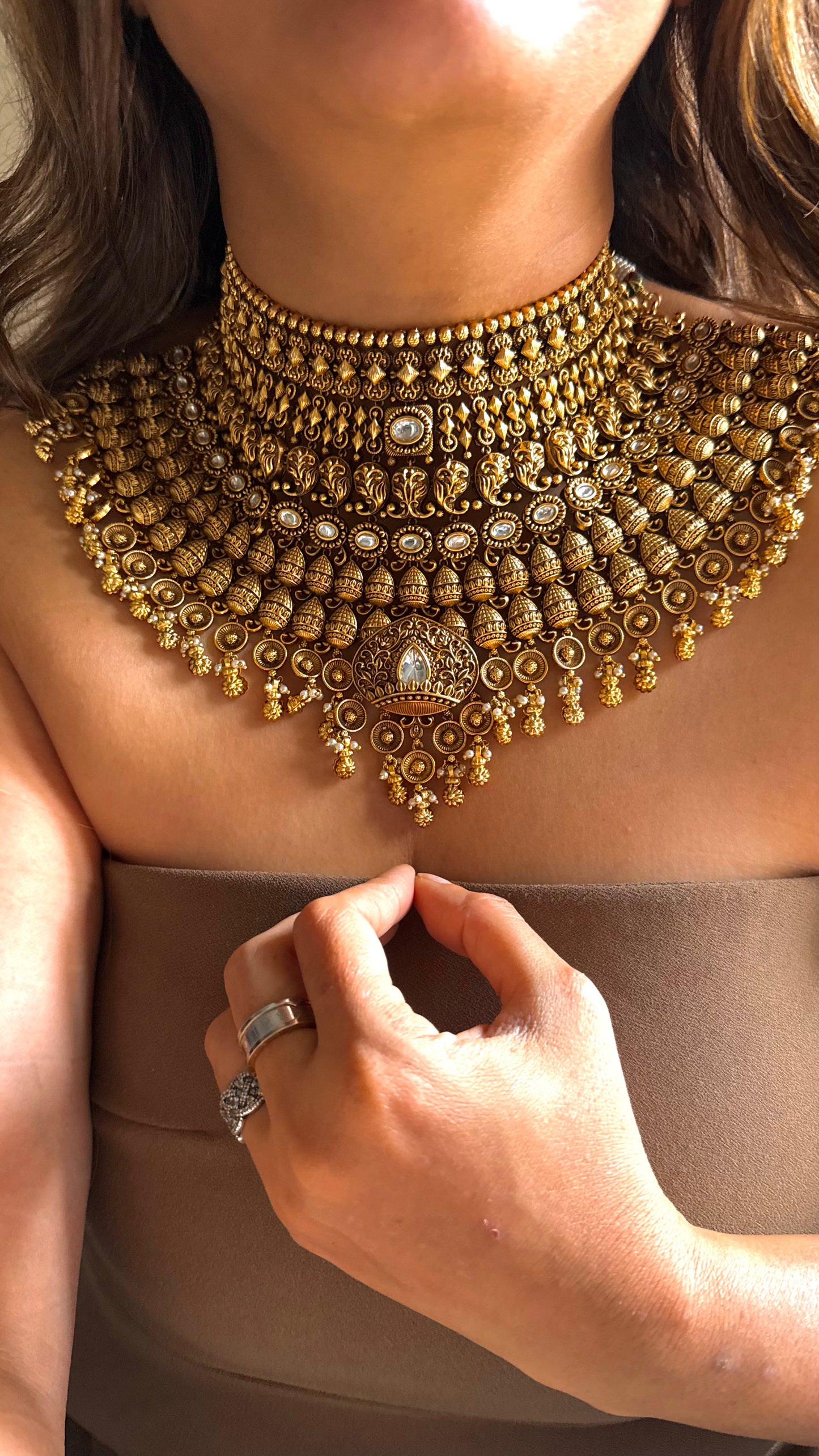 Oxidised heritage Royal bridal necklace set with gold drop detailing