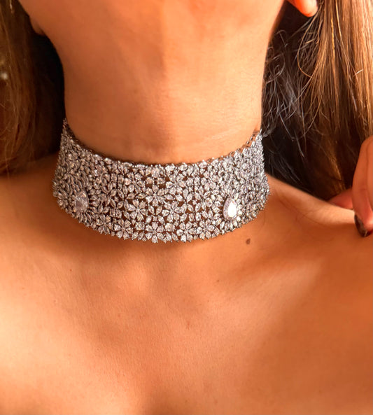 Floral cz diamond choker