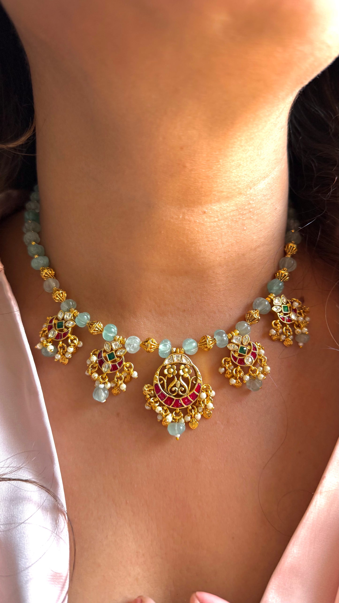 Mint strawberry pachi heritage nakshi necklace