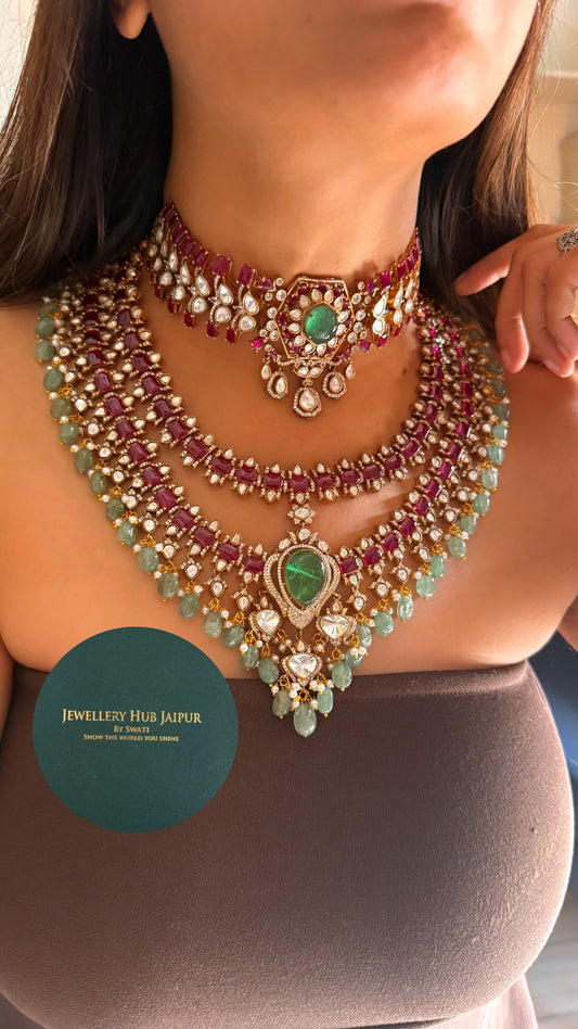 Mint doublet & rani pink moissanite bridal set