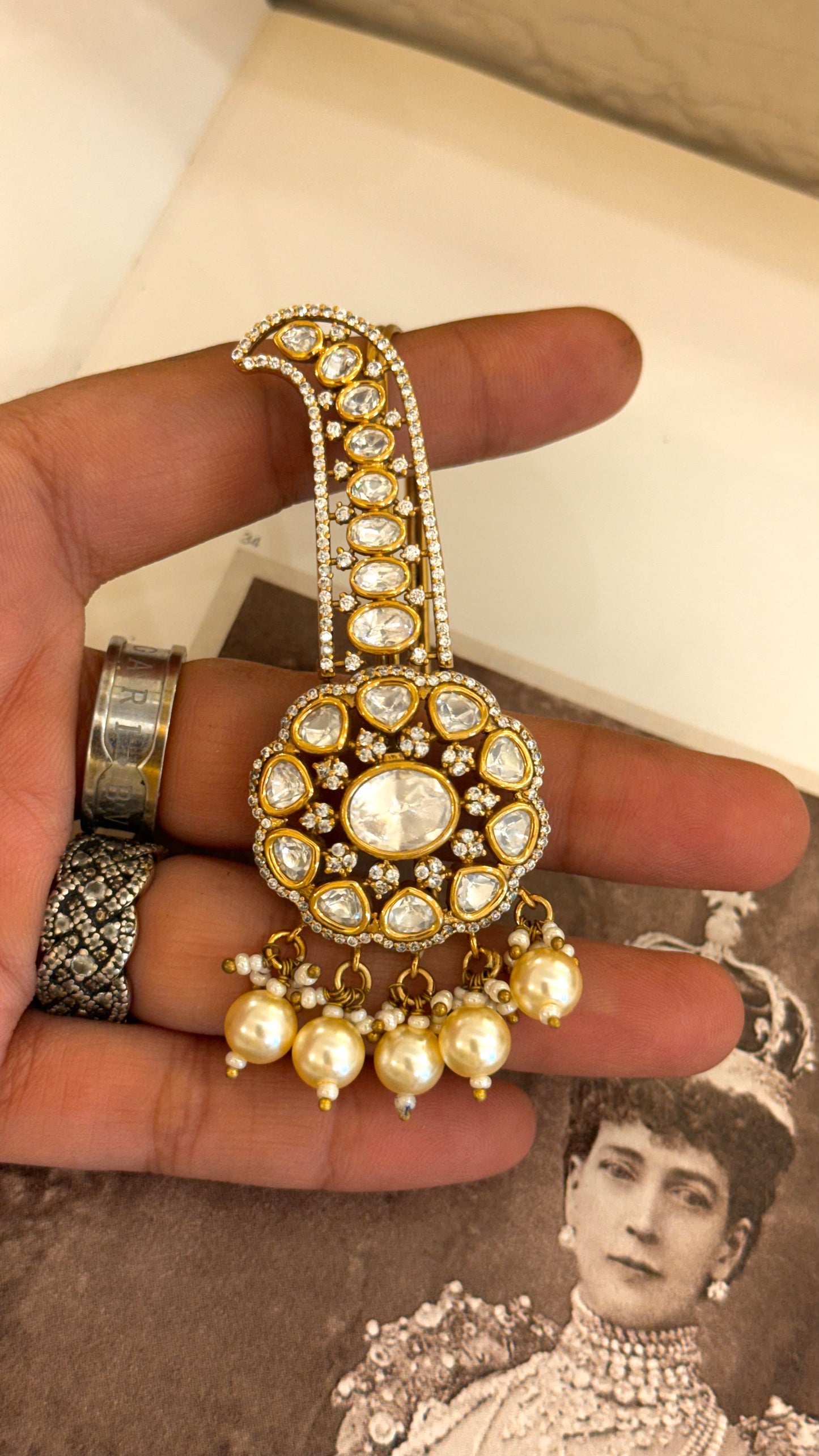 Heritage victorian polki kalgi with pearl detailing