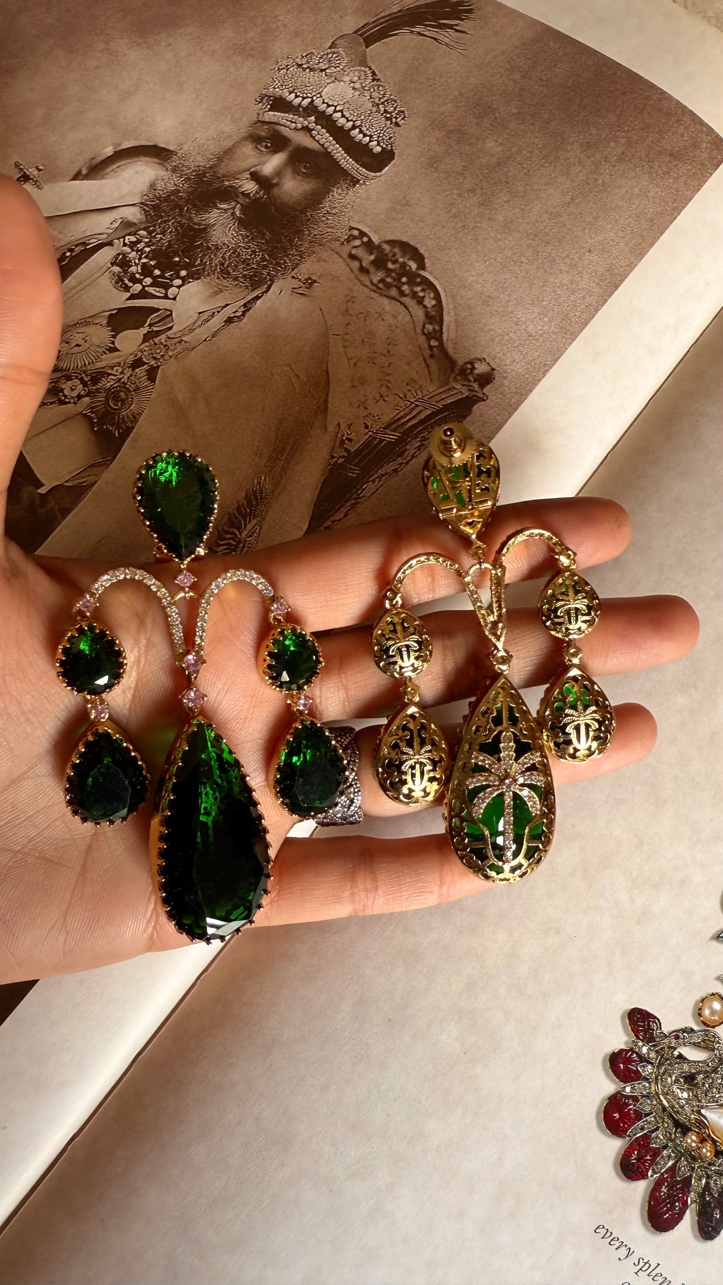 Sabhyasachi inspired emerald & rose quartz danglers