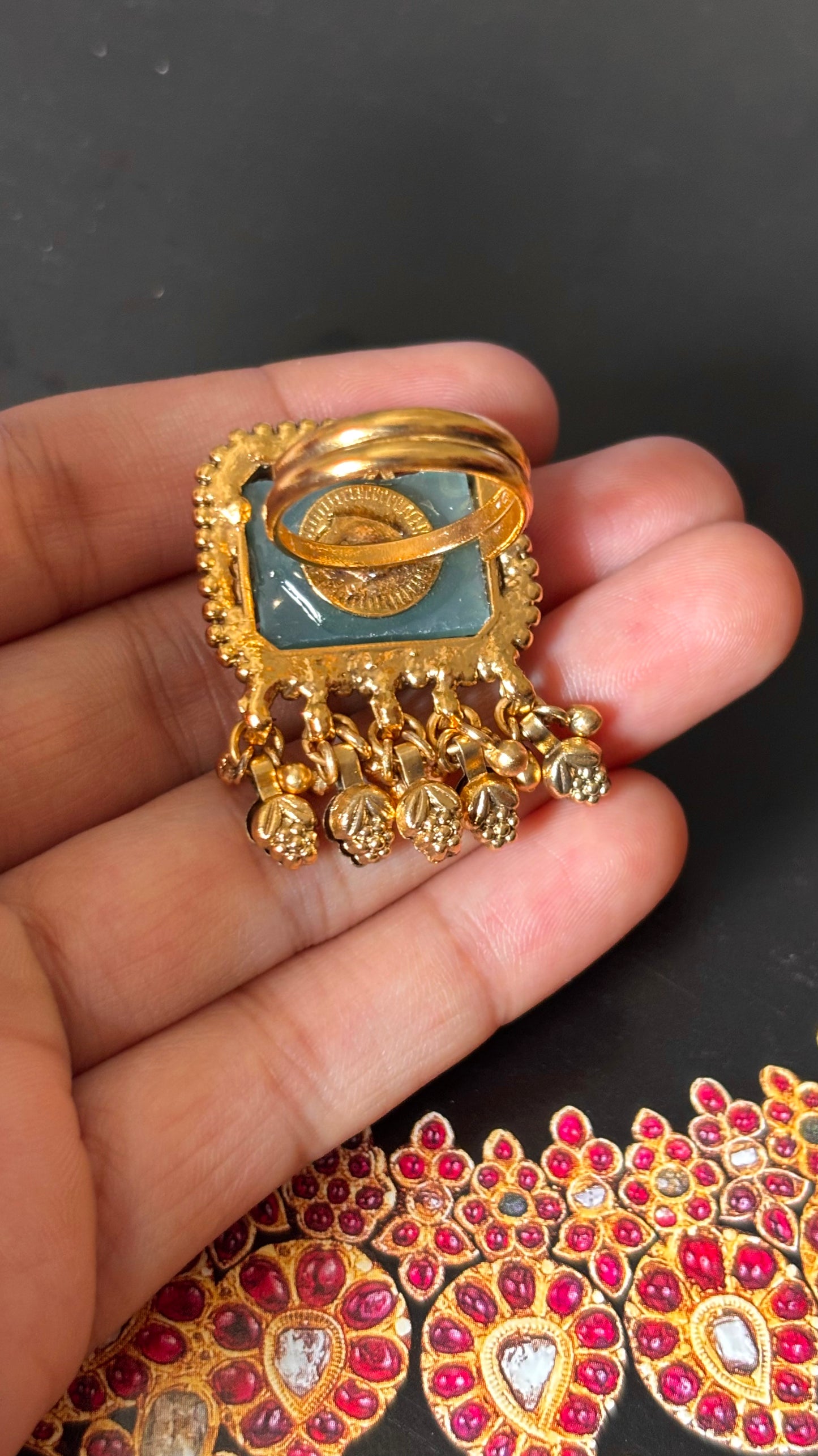 Rani pink with gungroo drops golden adjustable ring