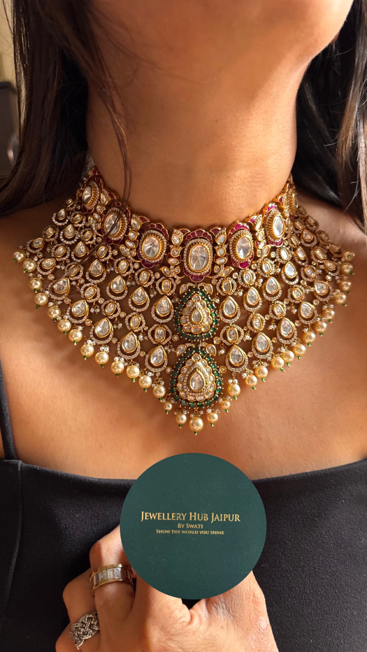 Bridal Asia Rani pink with emerald pearl drops choker Necklace