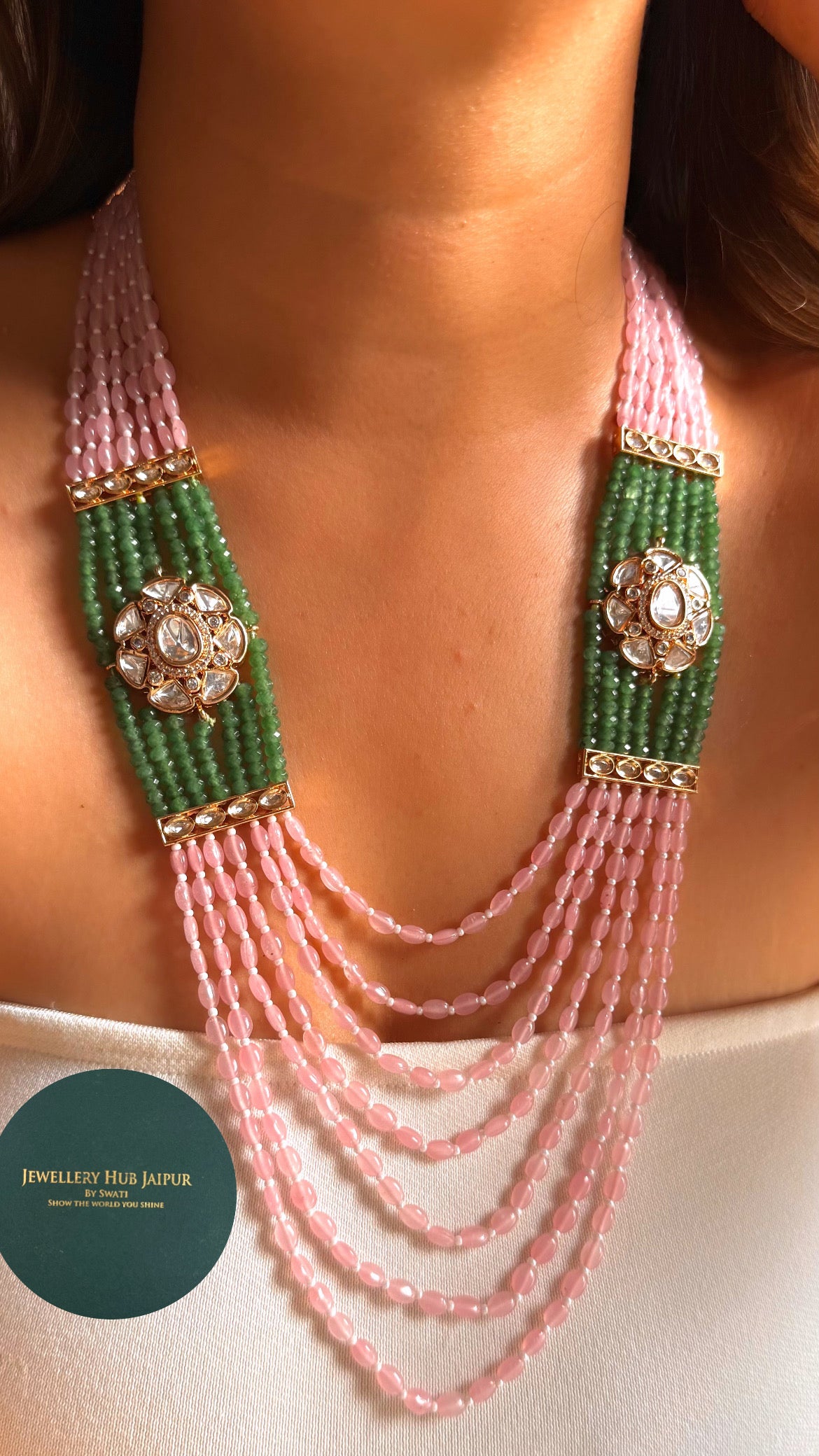 Rose quartz & emerald floral moissanite string