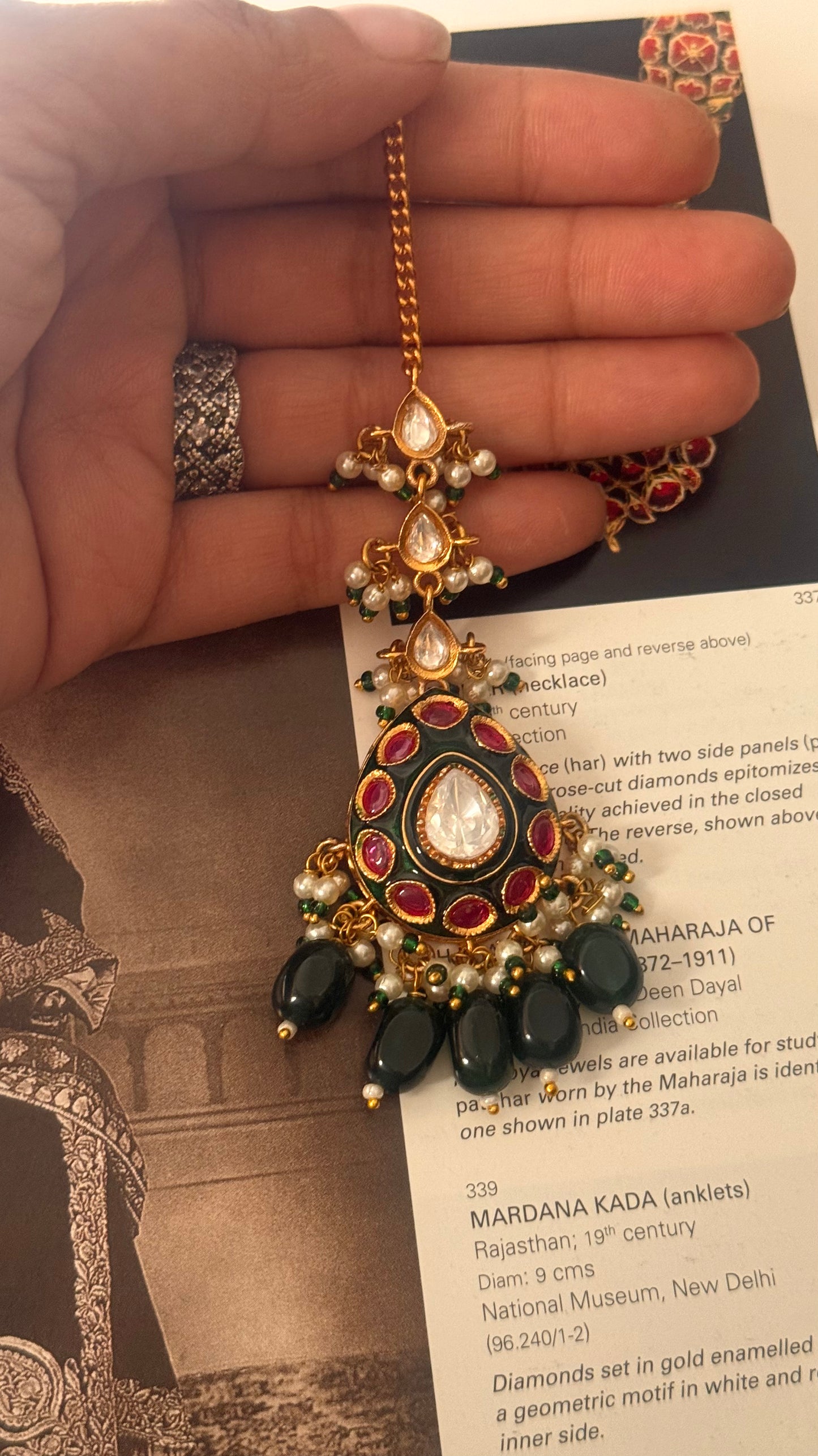 Ruby & emerald meenakari with emerald drop maangtika