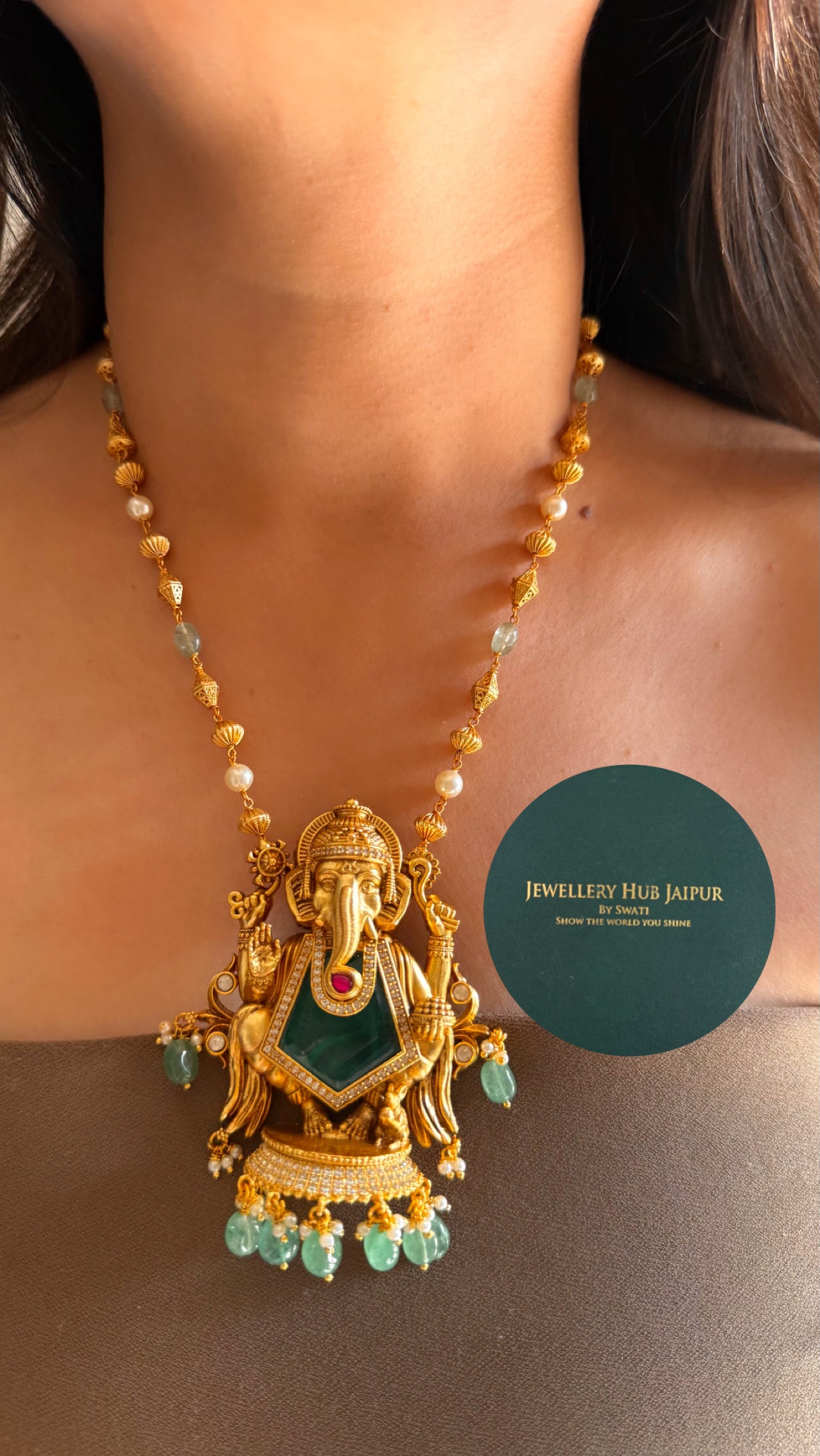Ganeshji inspired emerald with mint drop Pendant set