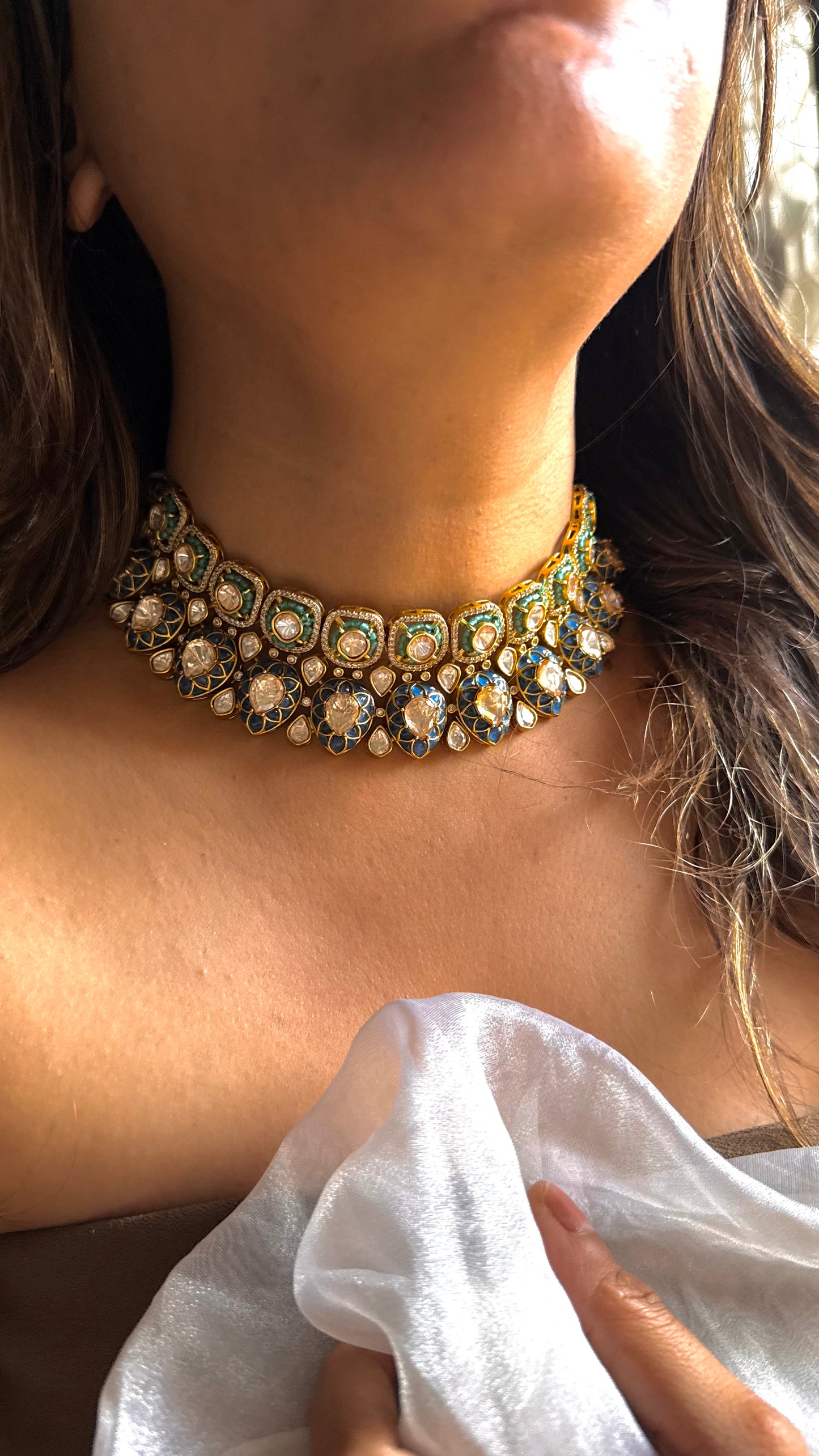 Sapphire & Turquoise Lv shade Polki Choker Necklace