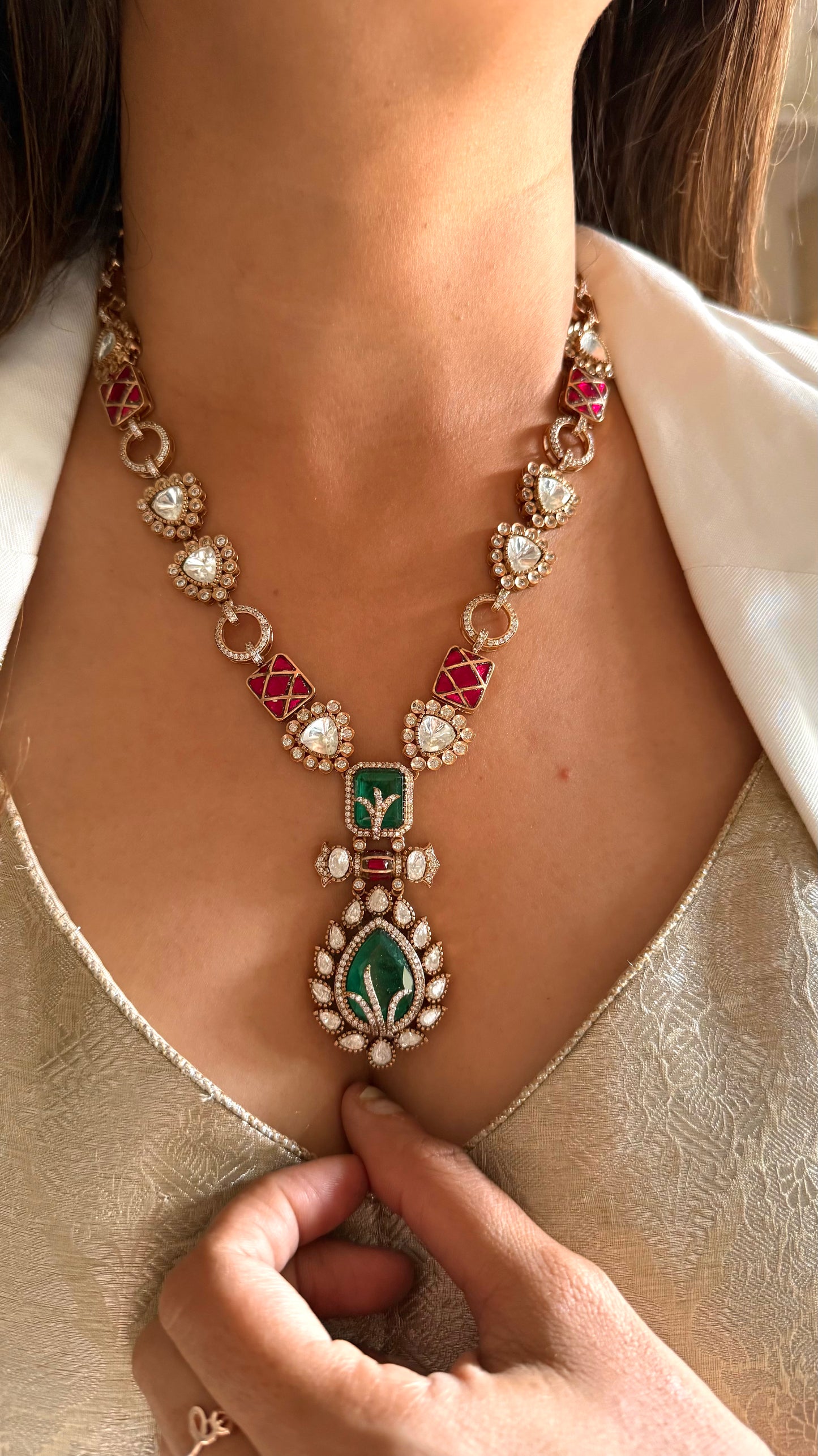 Shiva Emerald doublet & ruby katdana moissanite collar necklace
