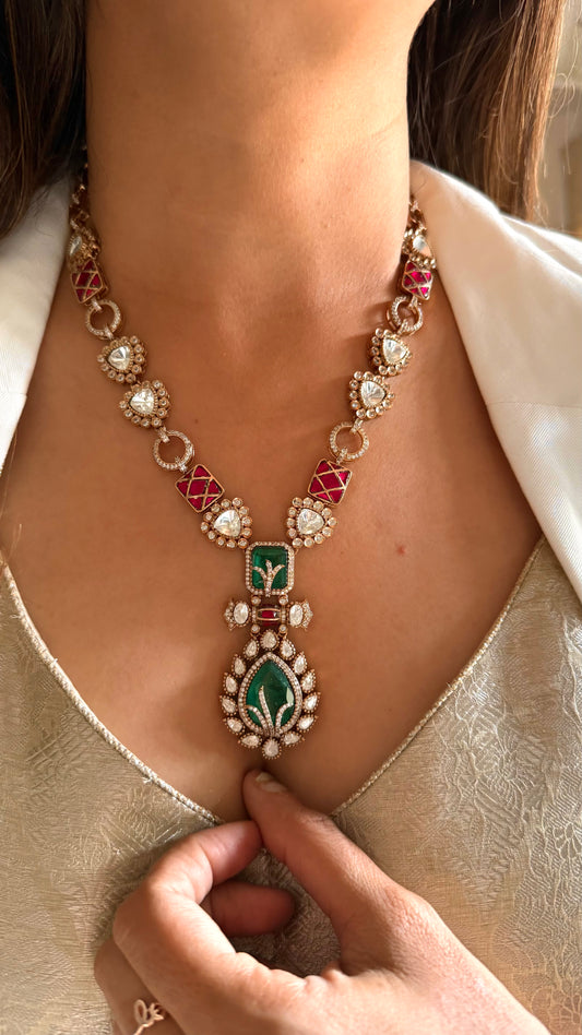 Shiva Emerald doublet & ruby katdana moissanite collar necklace