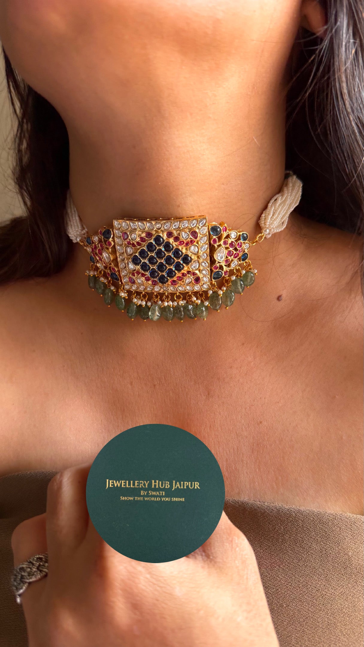 Paachi Kundan Jadaau sapphire &ruby  mint drops  thread choker necklace