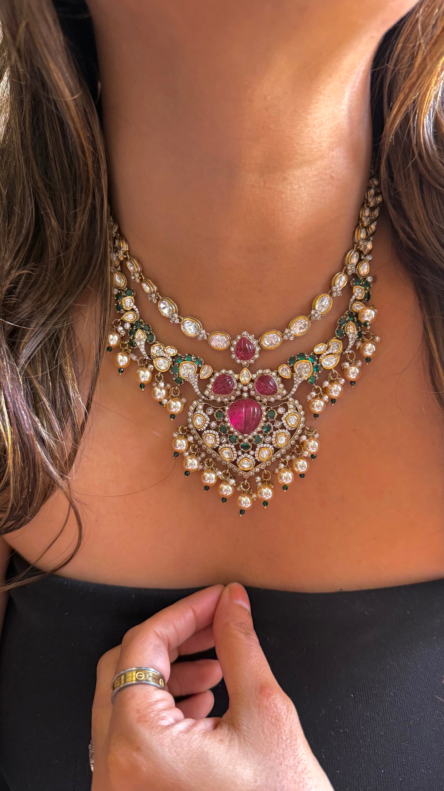 Lotus Pattern Inspired Mauve & Emerald Polki Necklace