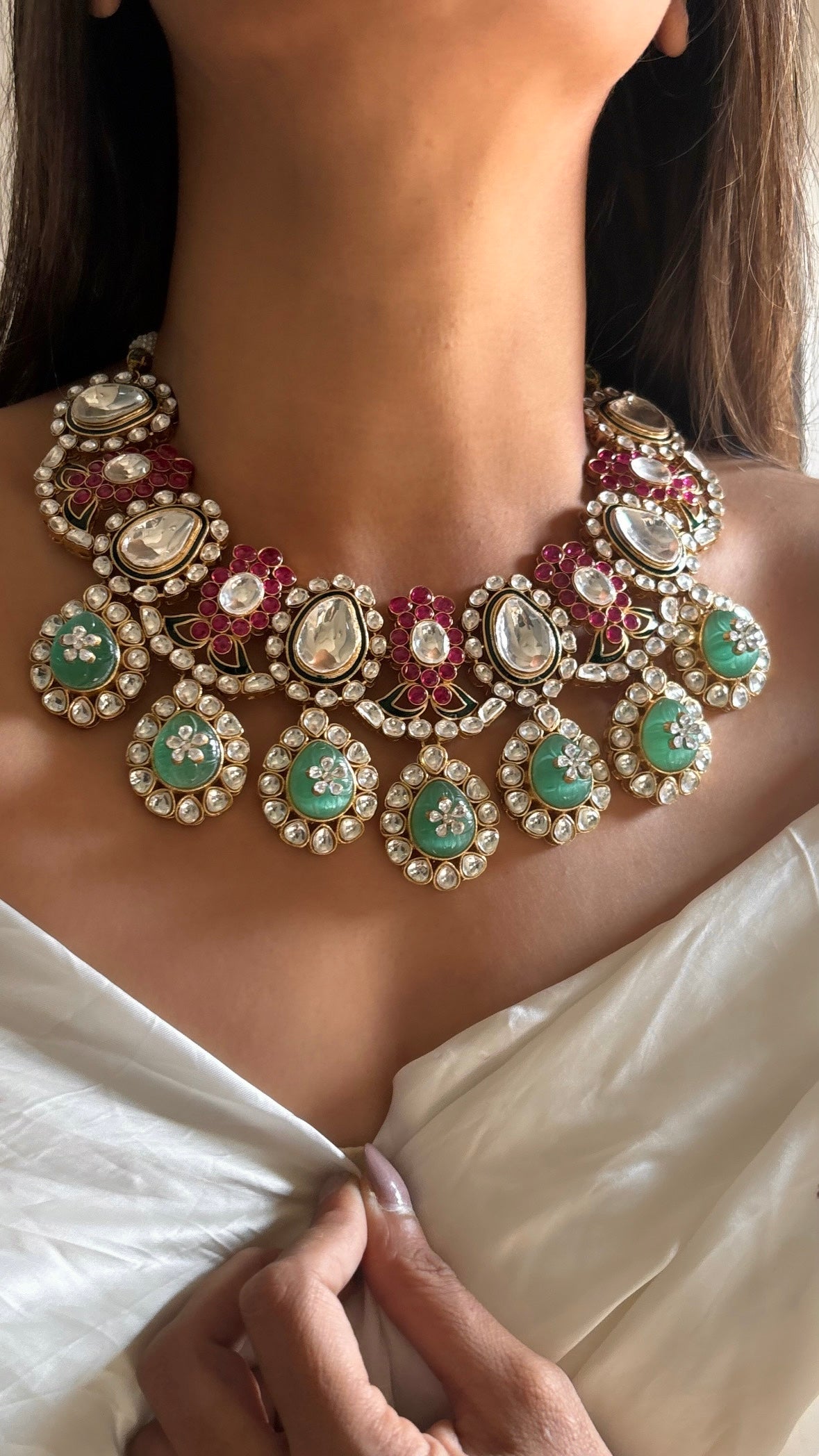 Bridal asia inspired mint & Ruby Chandi polki necklace set