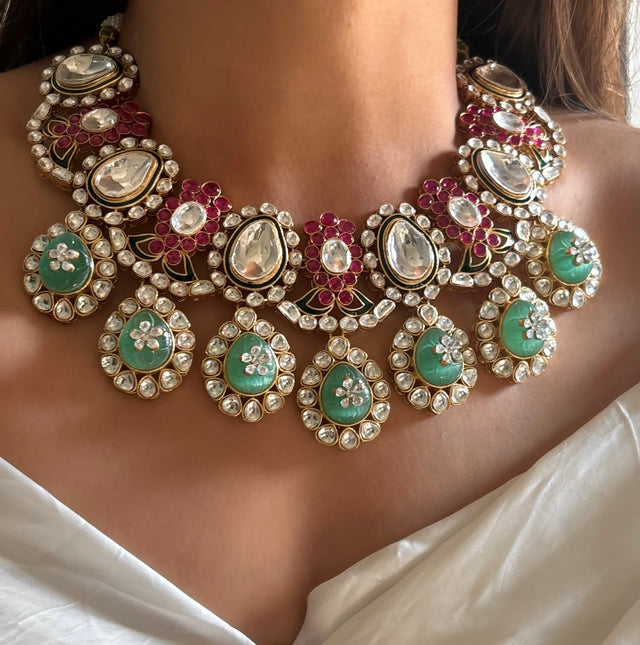 Bridal asia inspired mint & Ruby Chandi polki necklace set