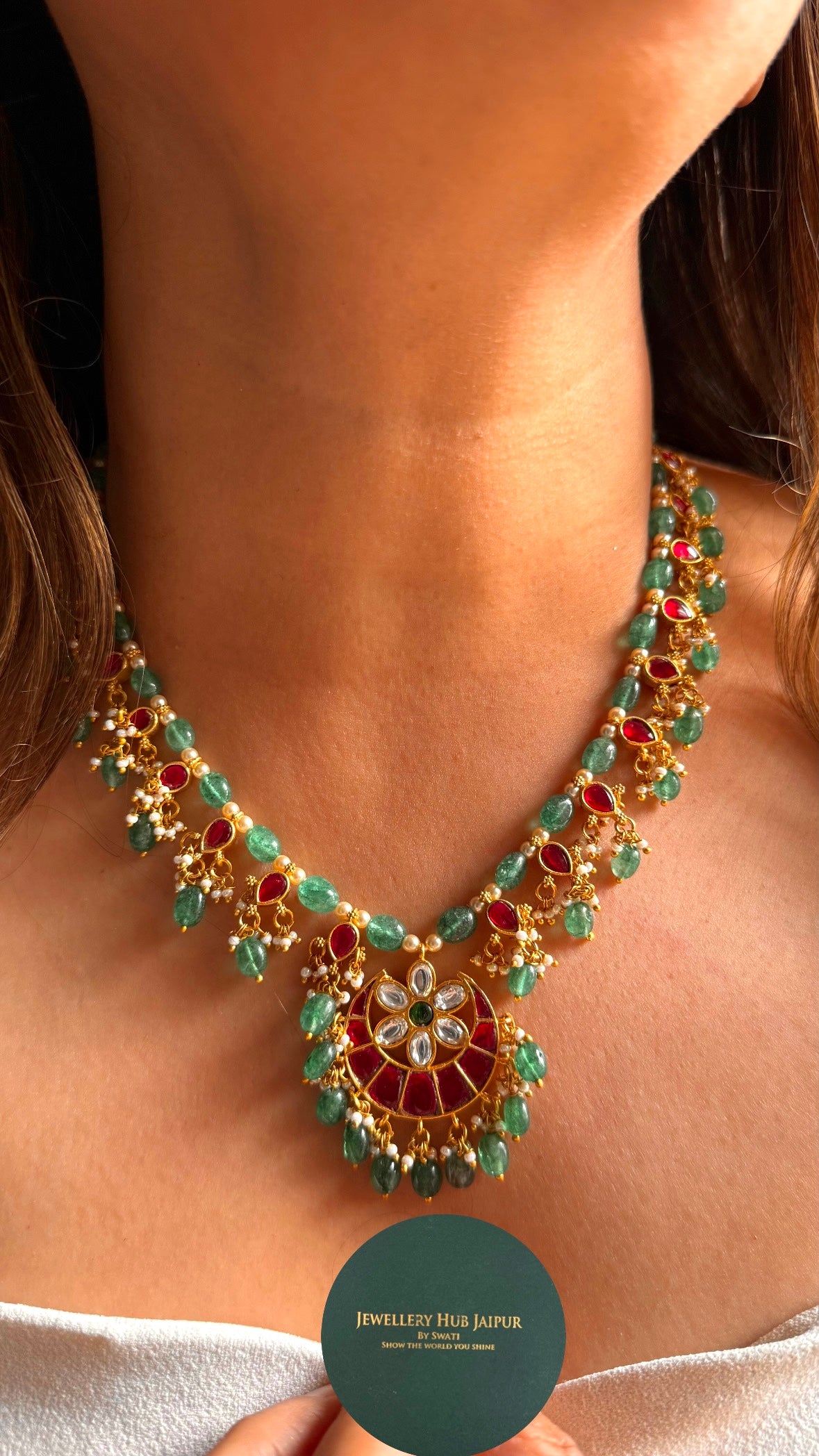Half moon shape ruby & emerald paachi jadau Necklace