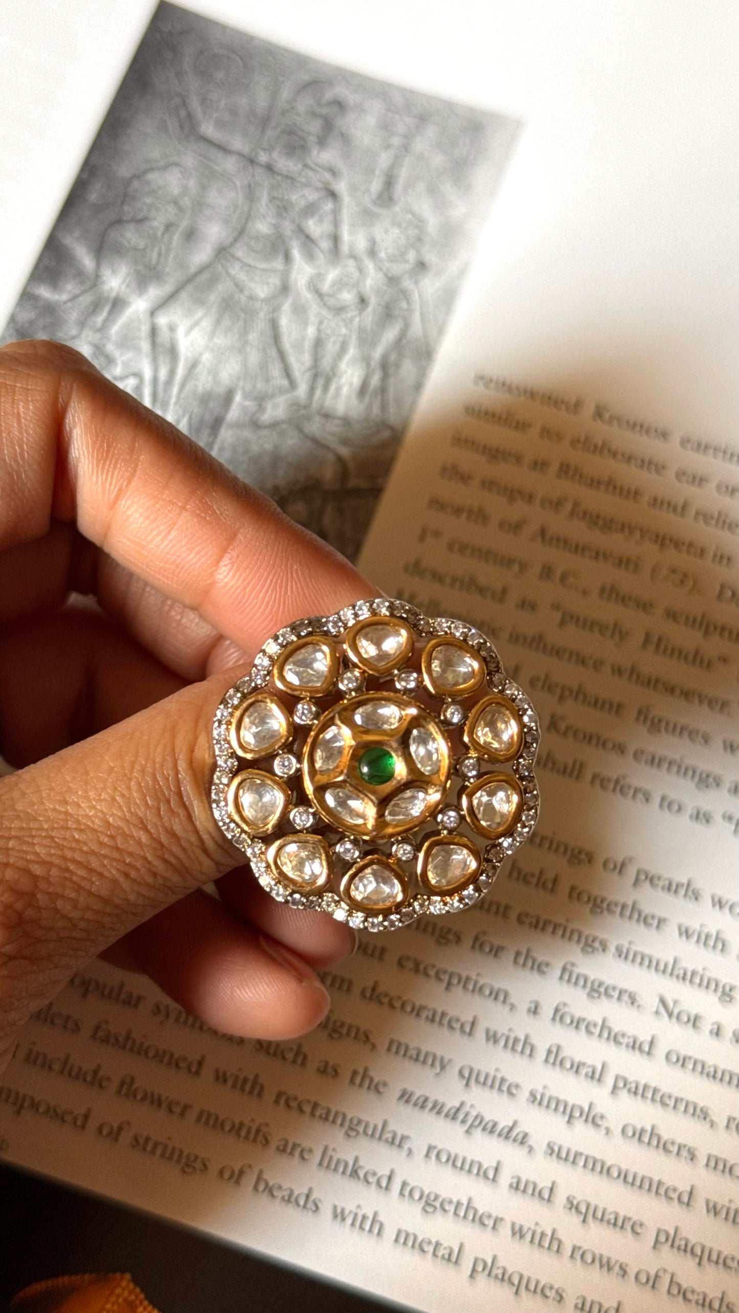 Emerald moissanite polki adjustable Ring