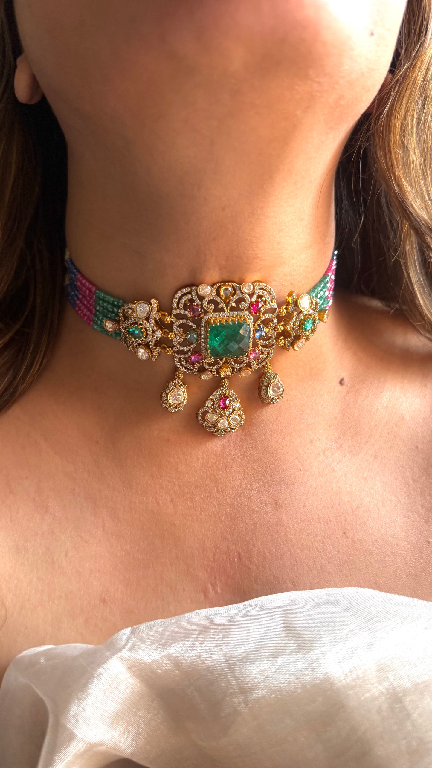 Emerald doublet designer thread choker