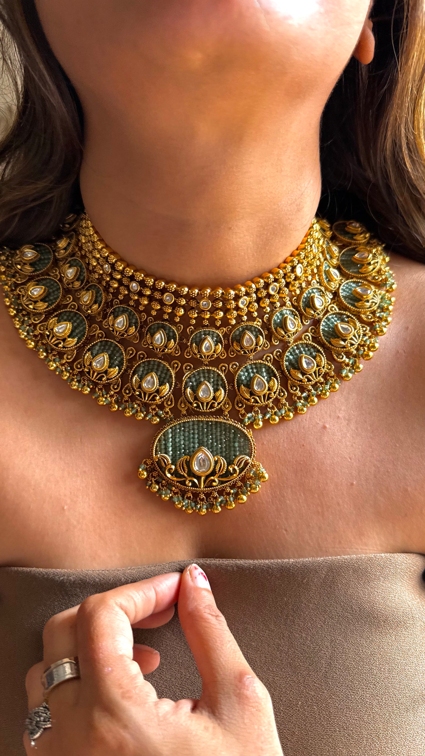 Mint & Gold Nakshi with mint piroyi oxidised set